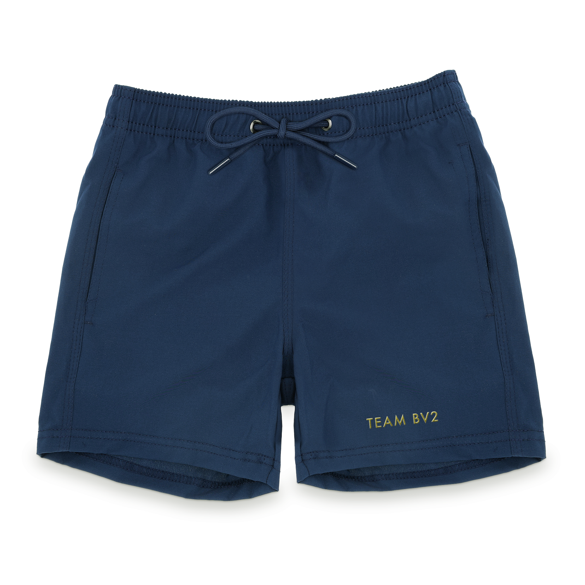 Shorts de banho azul marinho com cordão, bordado dourado "TEAM BV2", para arrase com shorts de banho bordados especialmente para ele