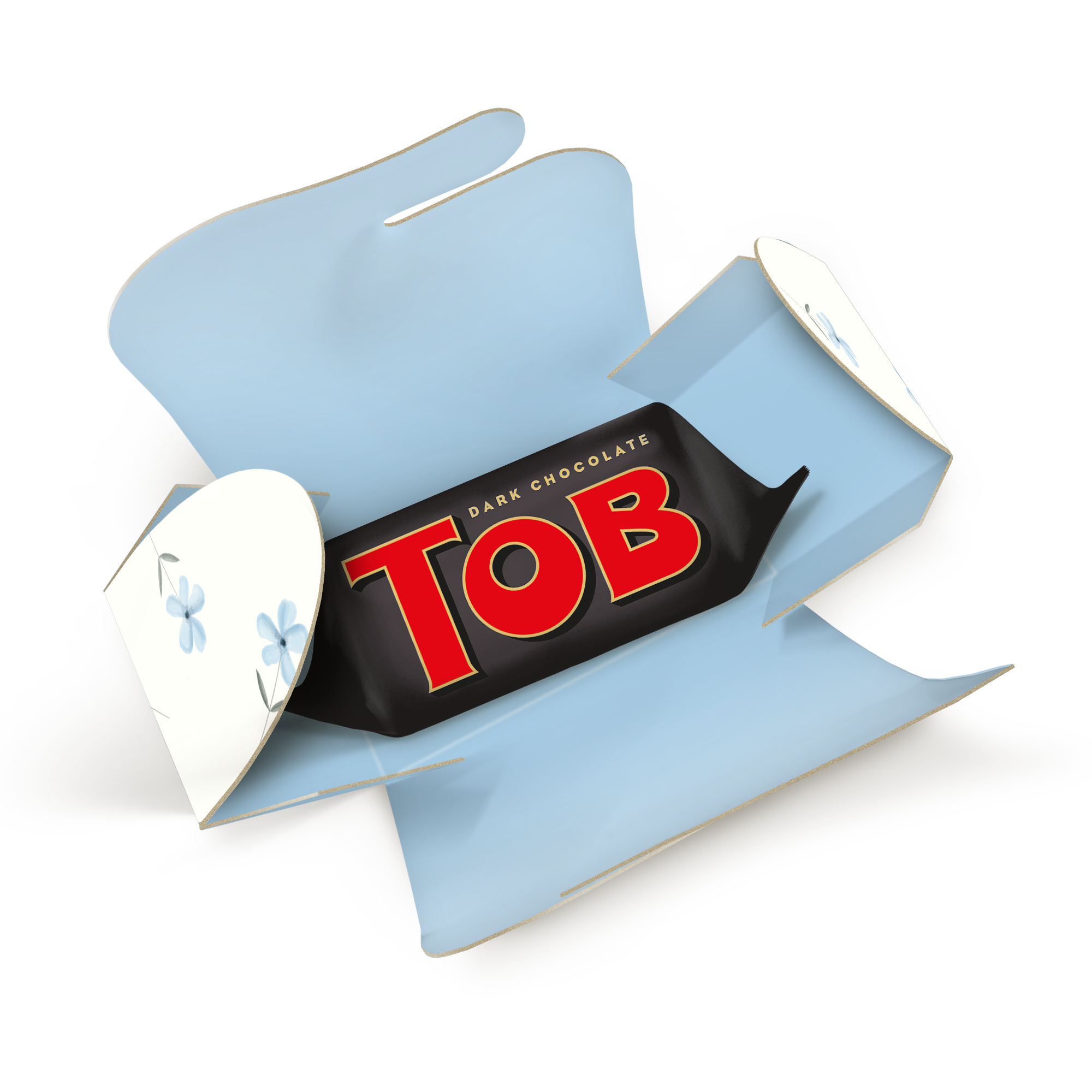 Personalized light blue chocolate favor box printed with blue flowers containing a Toblerone Mini bar to create little moments of joy.