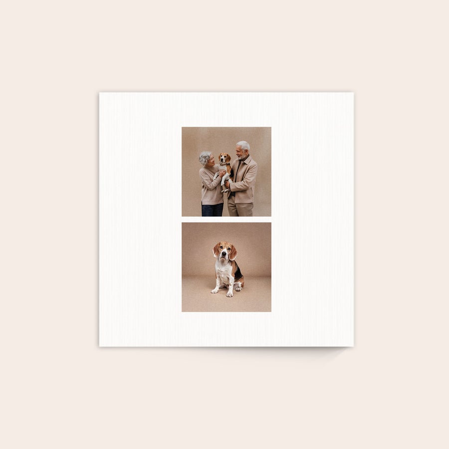 Photo on wood Custom photo printed onto wood panel with whitewash finish, featuring a photo of an elderly couple holding a beagle and another photo of a beagle sitting alone.