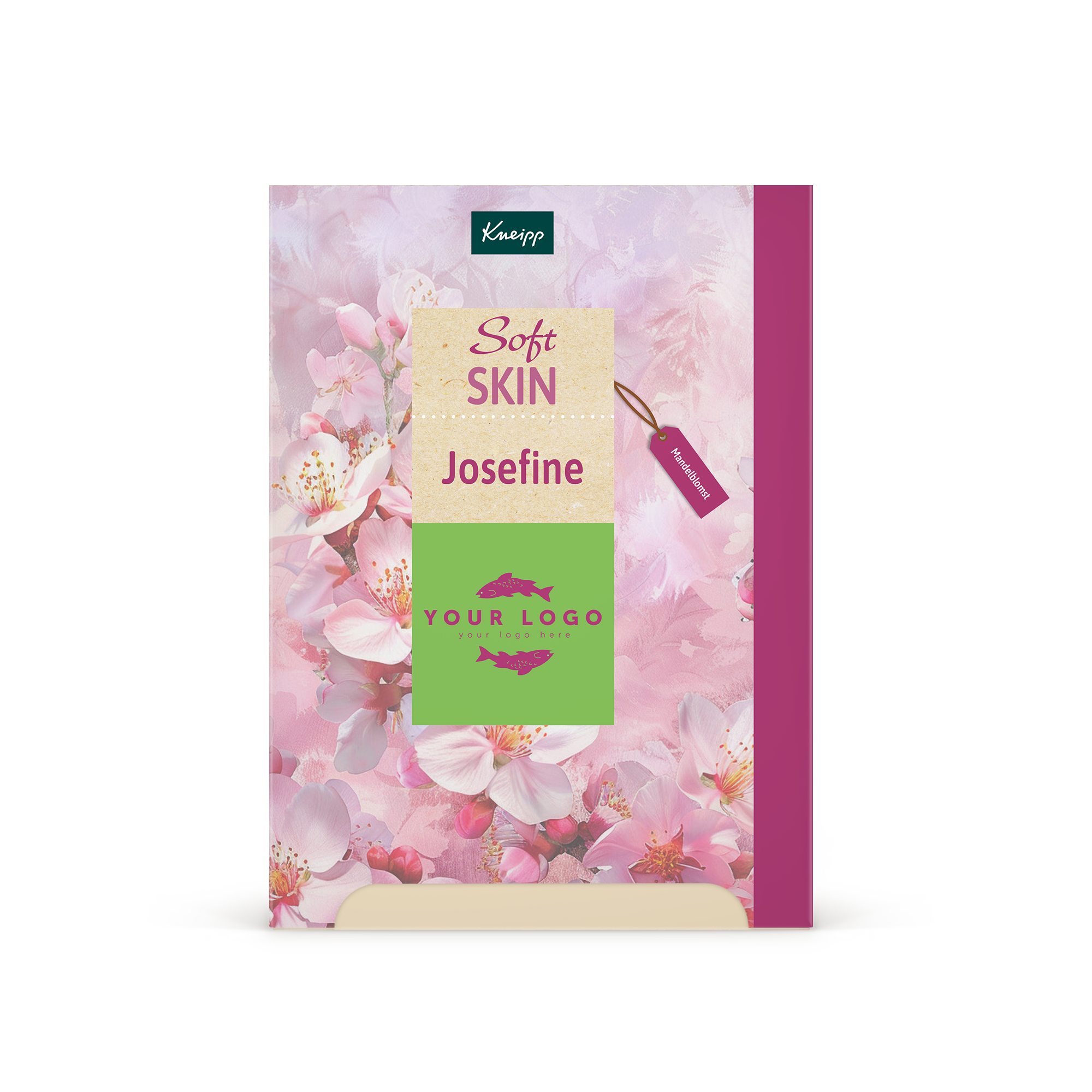Personlig Kneipp Dame gaveeske - Kneipp design med rosa mandelblomster, tilpasset med navnet "Josefine" og valgfritt logo.