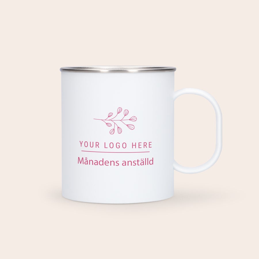 Personlig mugg - rostfritt stål Lätt vit rostfri mugg med silverkant och trycket Your Logo Here Månadens anställd perfekt för alla äventyr