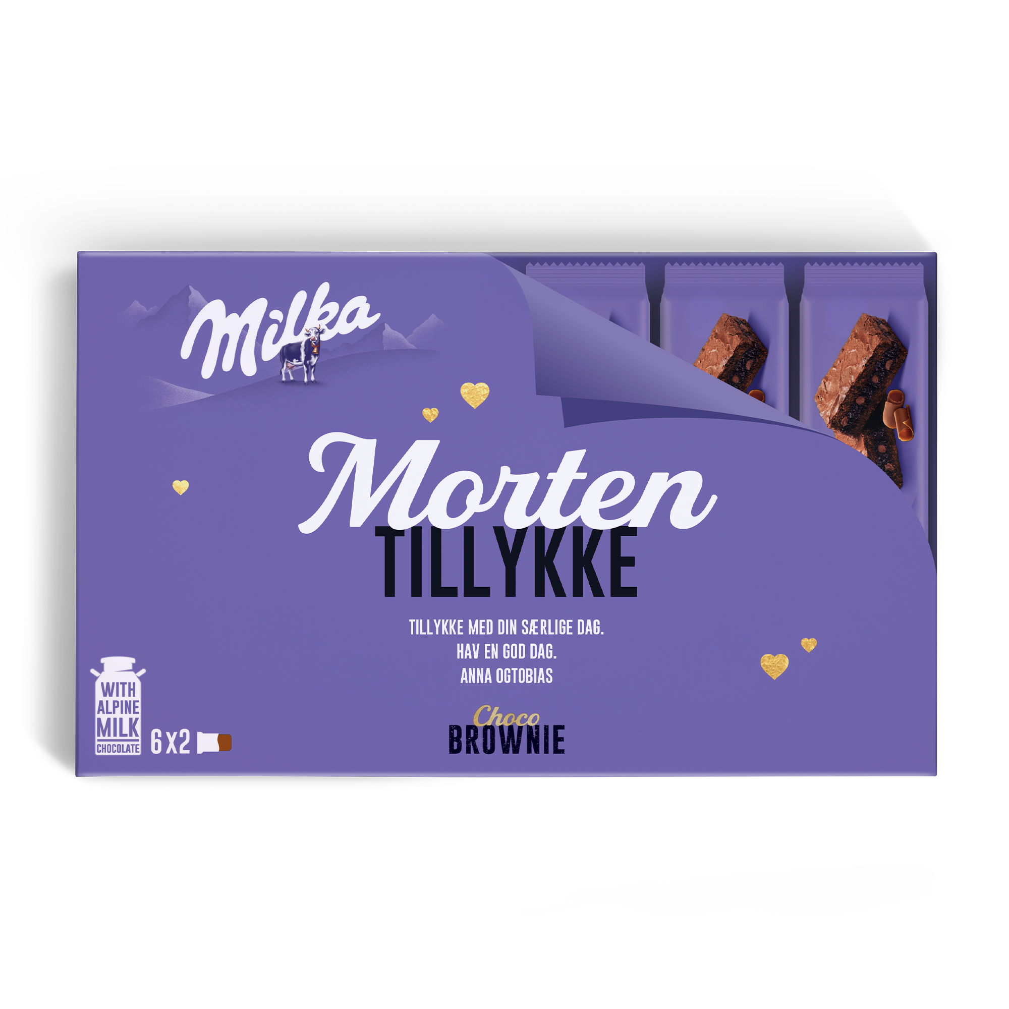 Milka Choco Brownie gaveæske med navn Morten, tillykke og hilsen, printet design.