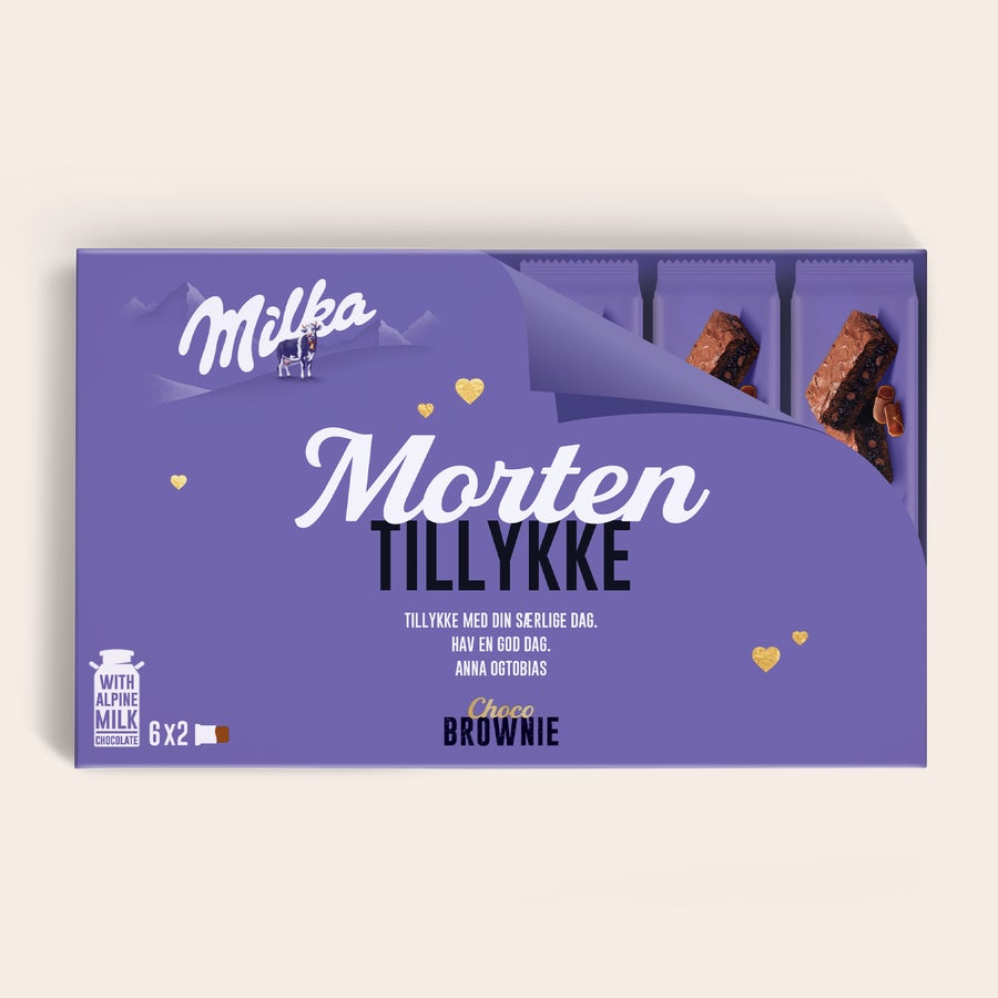 Milka Choco Brownie gaveæske Milka Choco Brownie gaveæske med navn Morten, tillykke og hilsen, printet design.
