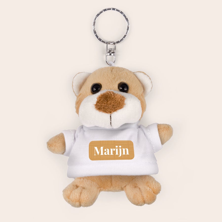 Mini llavero personalizado con oso de peluche Llavero de oso de peluche marrón con camiseta blanca impresa con el nombre "Marijn", personalizable con cualquier nombre.