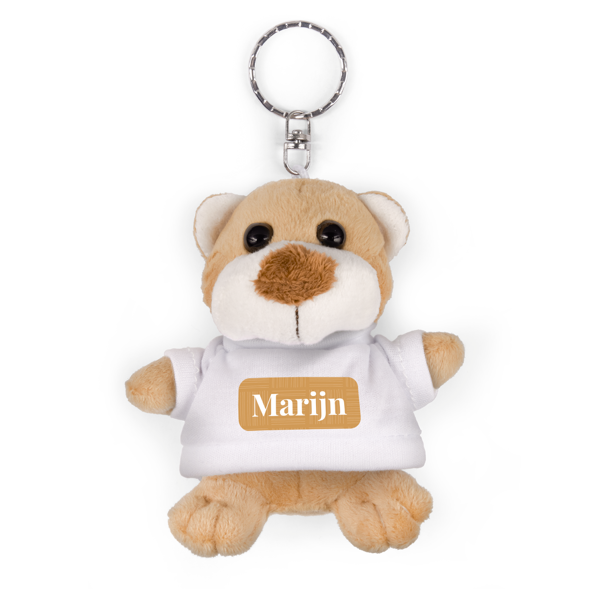 Bedrukte sleutelhanger met pluche beer en de naam 'Marijn' op een wit shirtje
