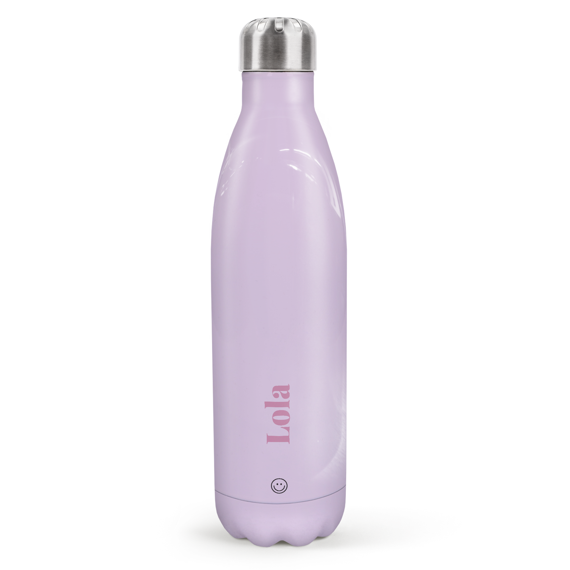 Bouteille thermos personnalisée lilas imprimée avec le prénom Lola et un émoticône, pour augmenter l'hydratation