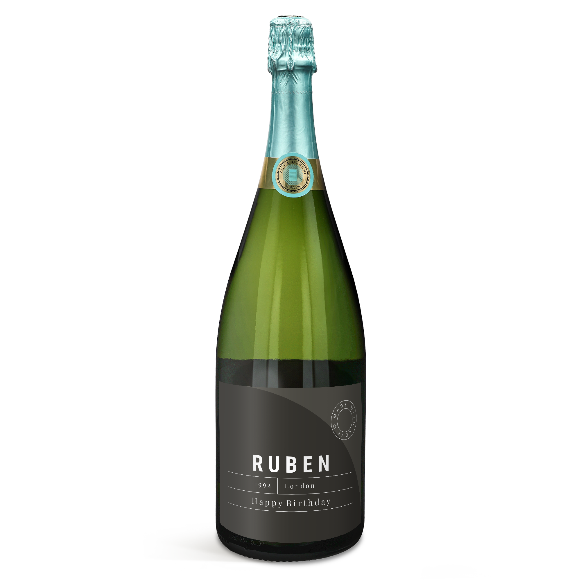 Garrafa de champanhe personalizada Villa Conchi com rótulo "Ruben, Happy Birthday", para quem você surpreenderá?