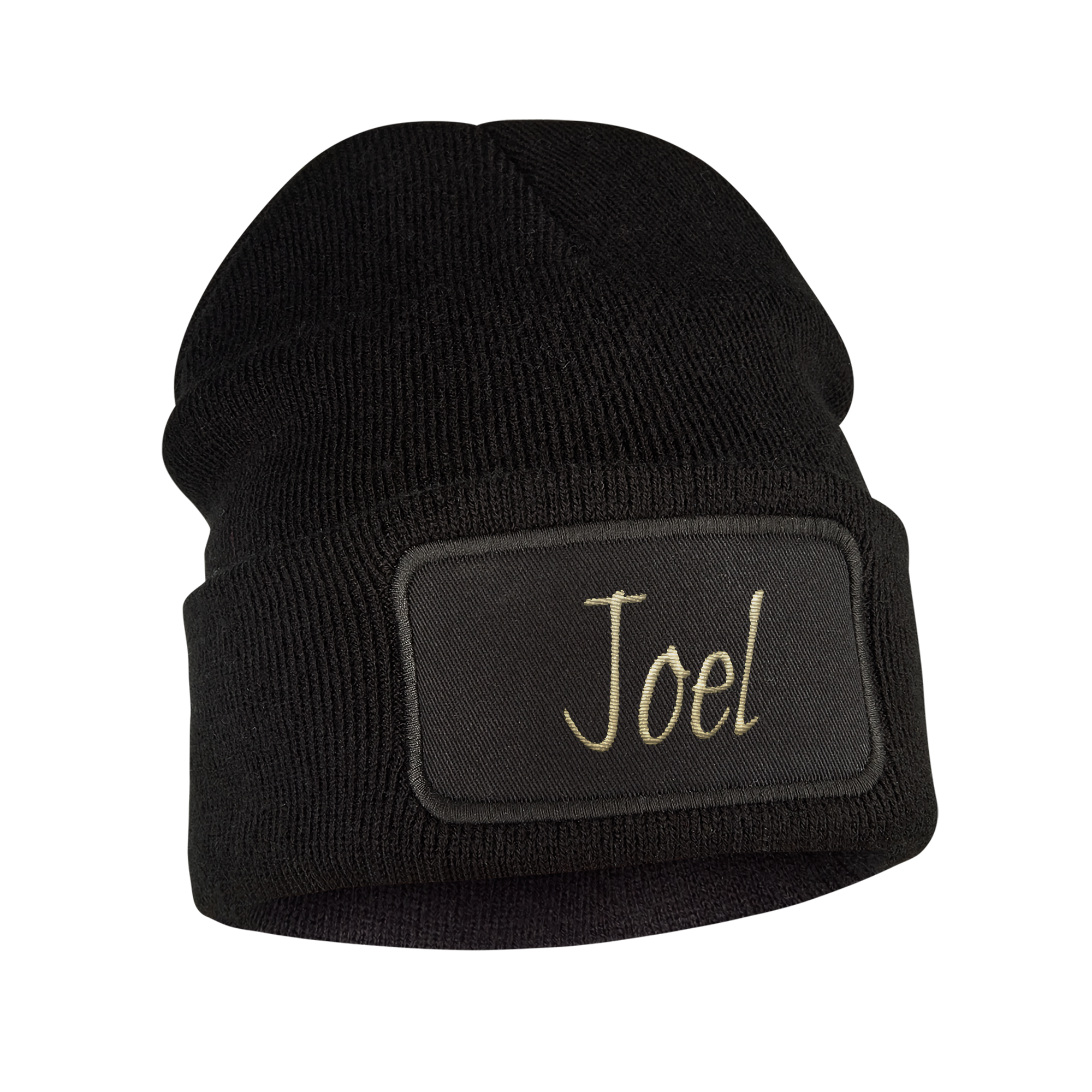 Gorro infantil preto de malha com o nome Joel bordado em bege para manter as orelhas aquecidas