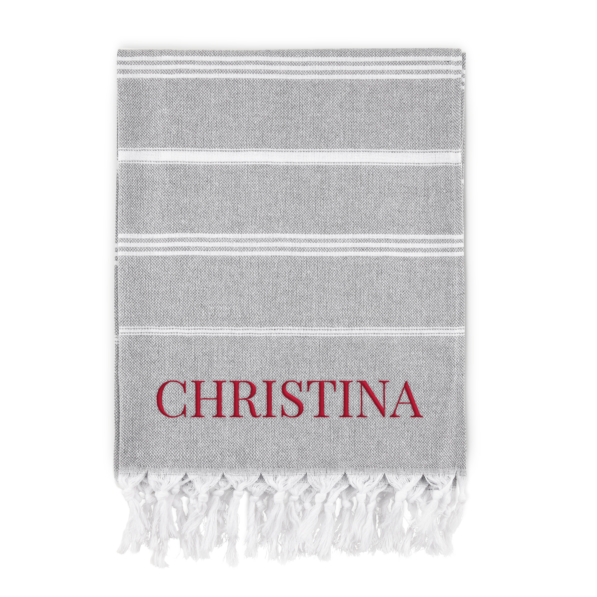 Toalla hammam personalizada gris con franjas blancas, bordada con el nombre CHRISTINA en rojo para disfrutar del verano.