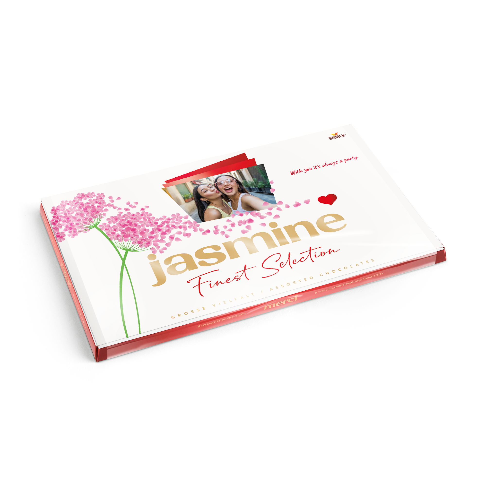 Chocolate merci con tarjeta personalizada 400 gramos con foto impresa de dos amigas y un corazón rojo.