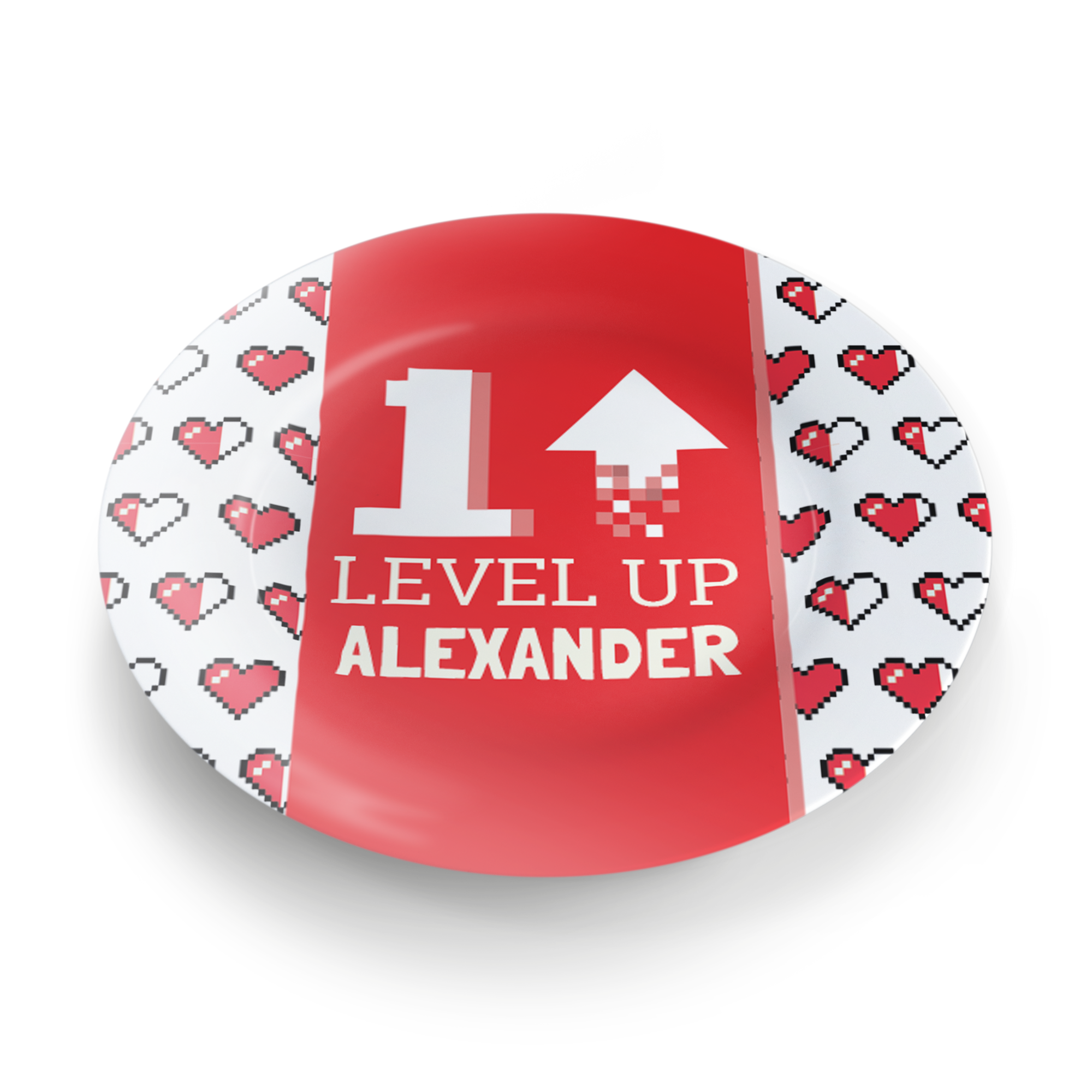Wit bord met rood vlak en pixel harten, bedrukt met de tekst LEVEL UP ALEXANDER als vaderdagcadeau.
