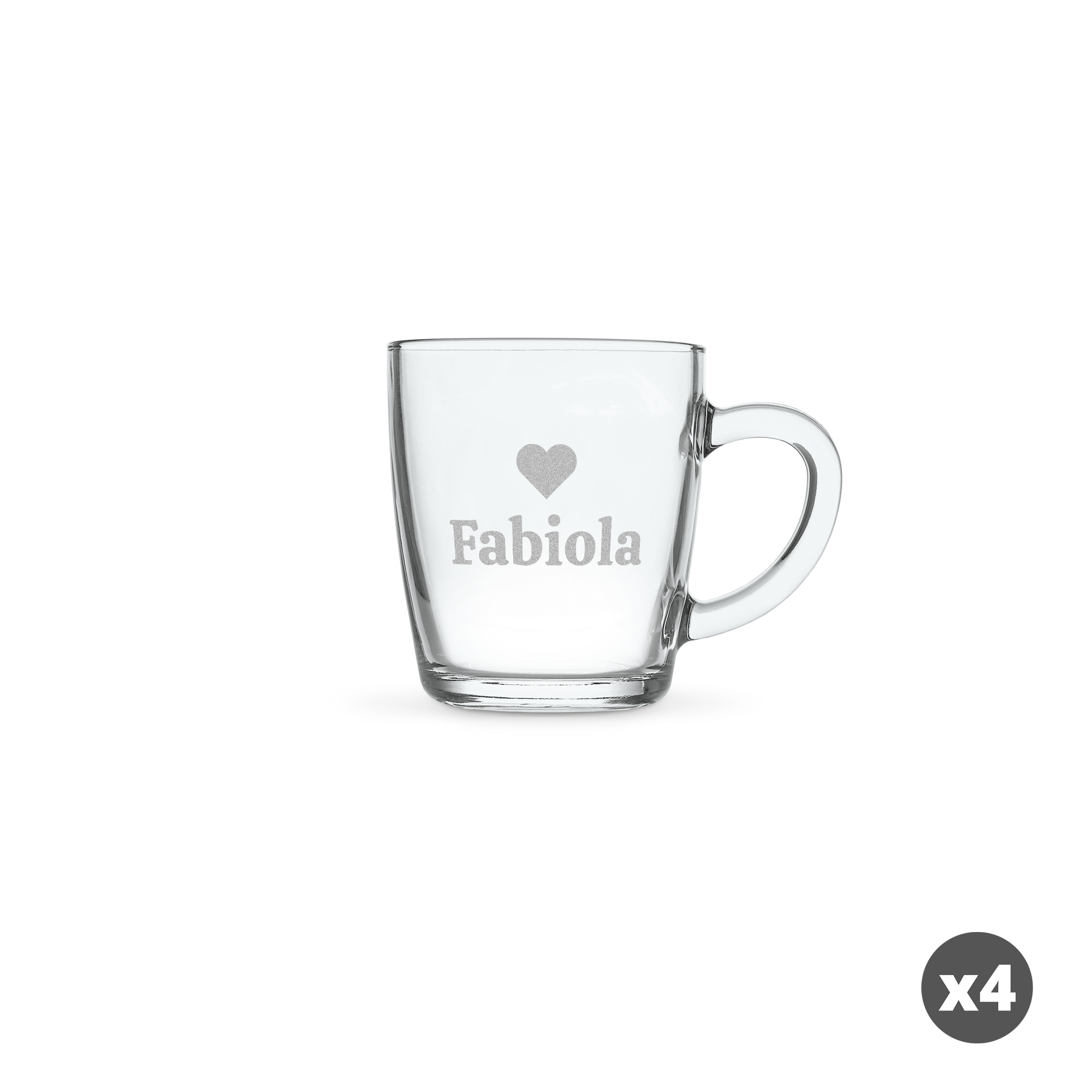 tazza in vetro personalizzata con incisione del nome Fabiola e cuore grigio