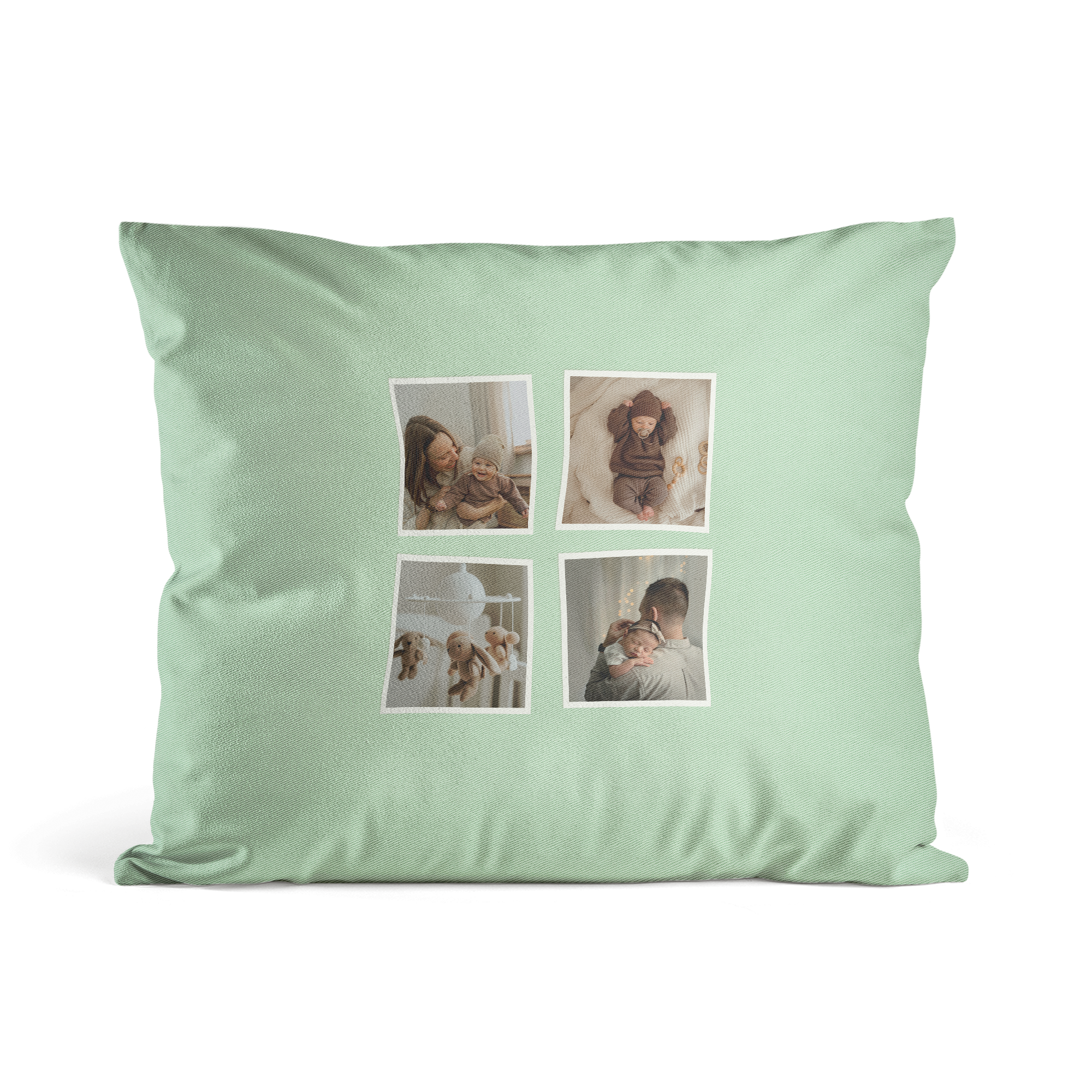 Pernă verde mentă personalizată, imprimată cu patru fotografii dragi de familie, care transformă orice spațiu.