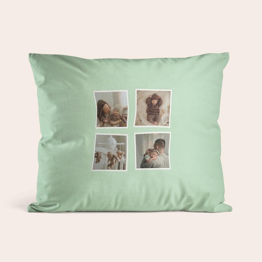 Personalised cushions & cushion cases Mint green personalized cushion cover printed with four square photos of babies and parents