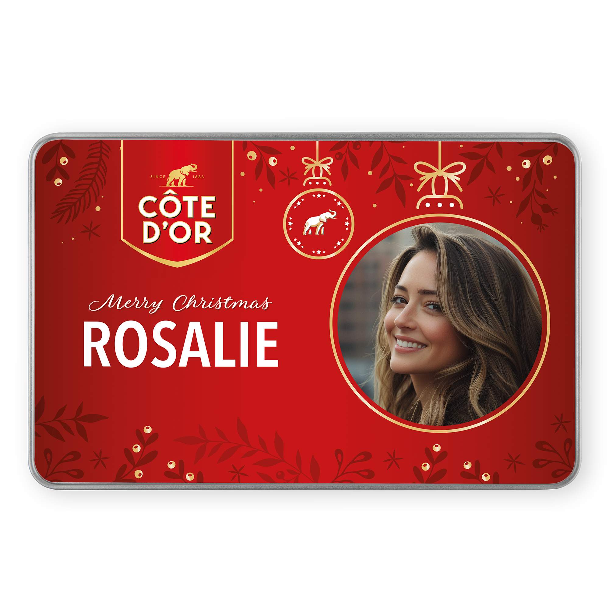 Personalisierte Geschenkdose mit Côte d’Or Schokolade, bedruckt mit Rosalie und Foto.