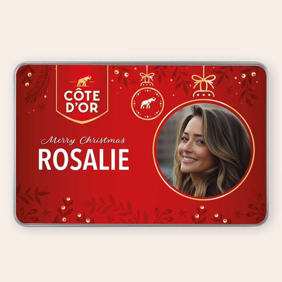 Geschenkbox gestalten - Côte d’Or Personalisierte Geschenkdose mit Côte d’Or Schokolade, bedruckt mit Rosalie und Foto.