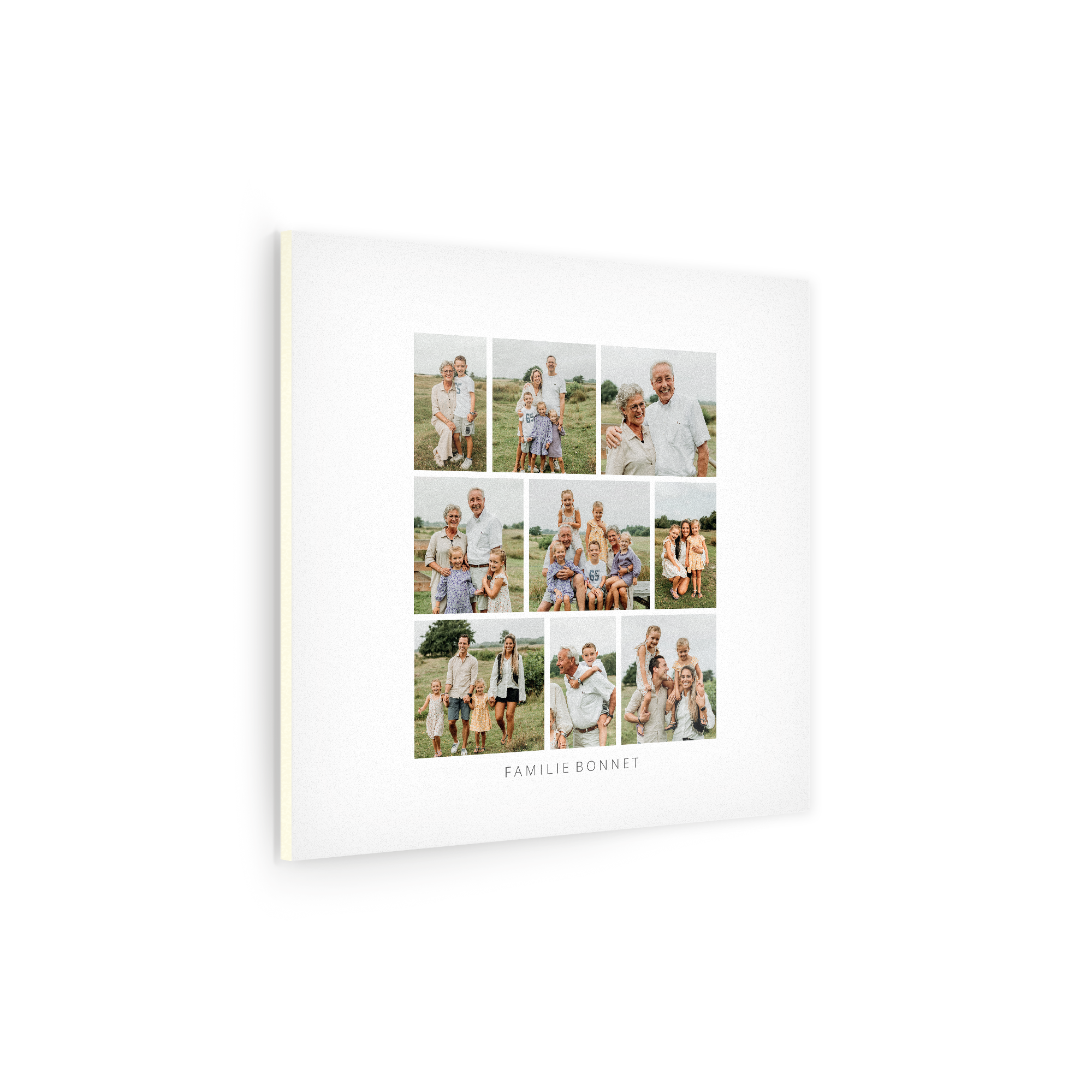 Tableau PVC personnalisé imprimé avec un collage de photos de famille et texte Famille Bonnet pour votre déco