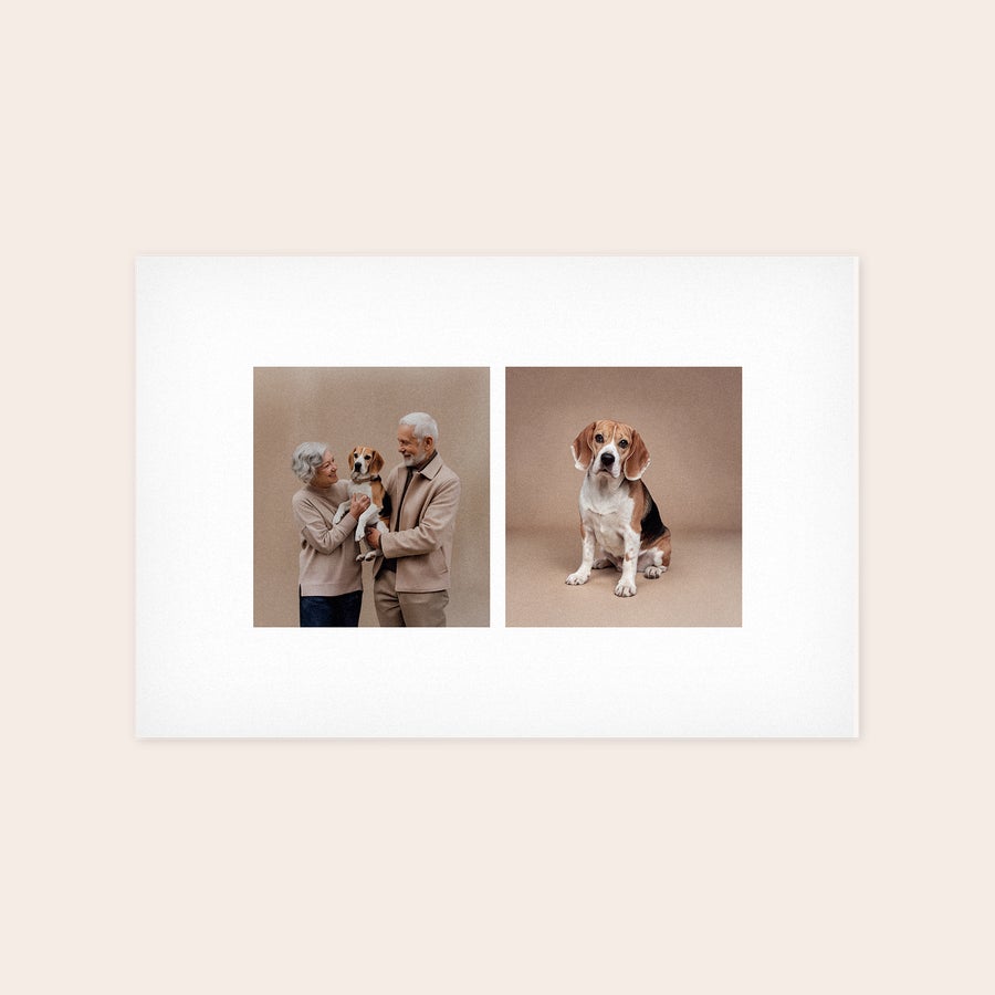 Foto em forex - panel PVC Foto no forex personalizada com casal de idosos e cão beagle para uma linda decoração de parede