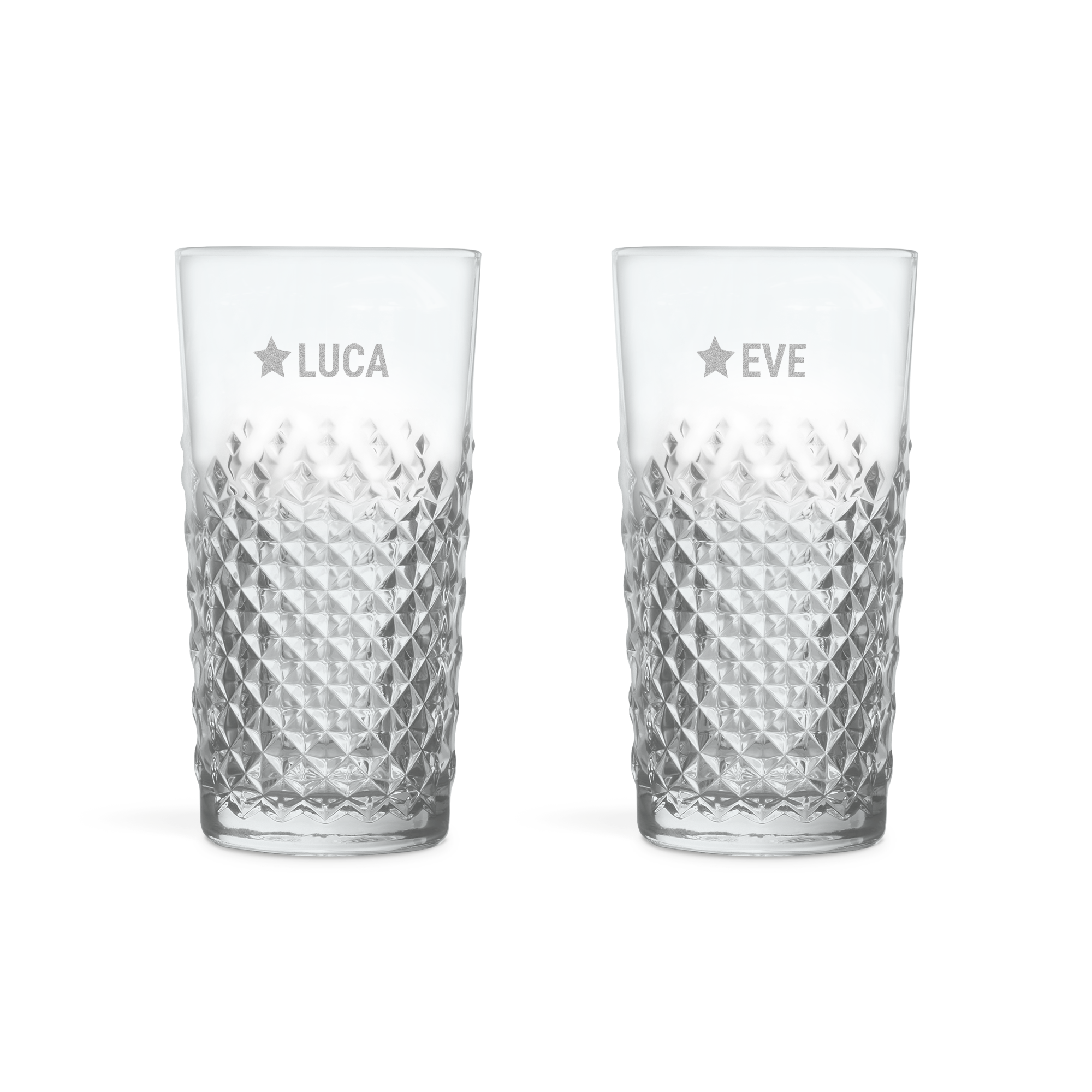 Set de doua pahare mojito personalizate, cu design romboidal si numele Luca si Eve gravate cu stele.