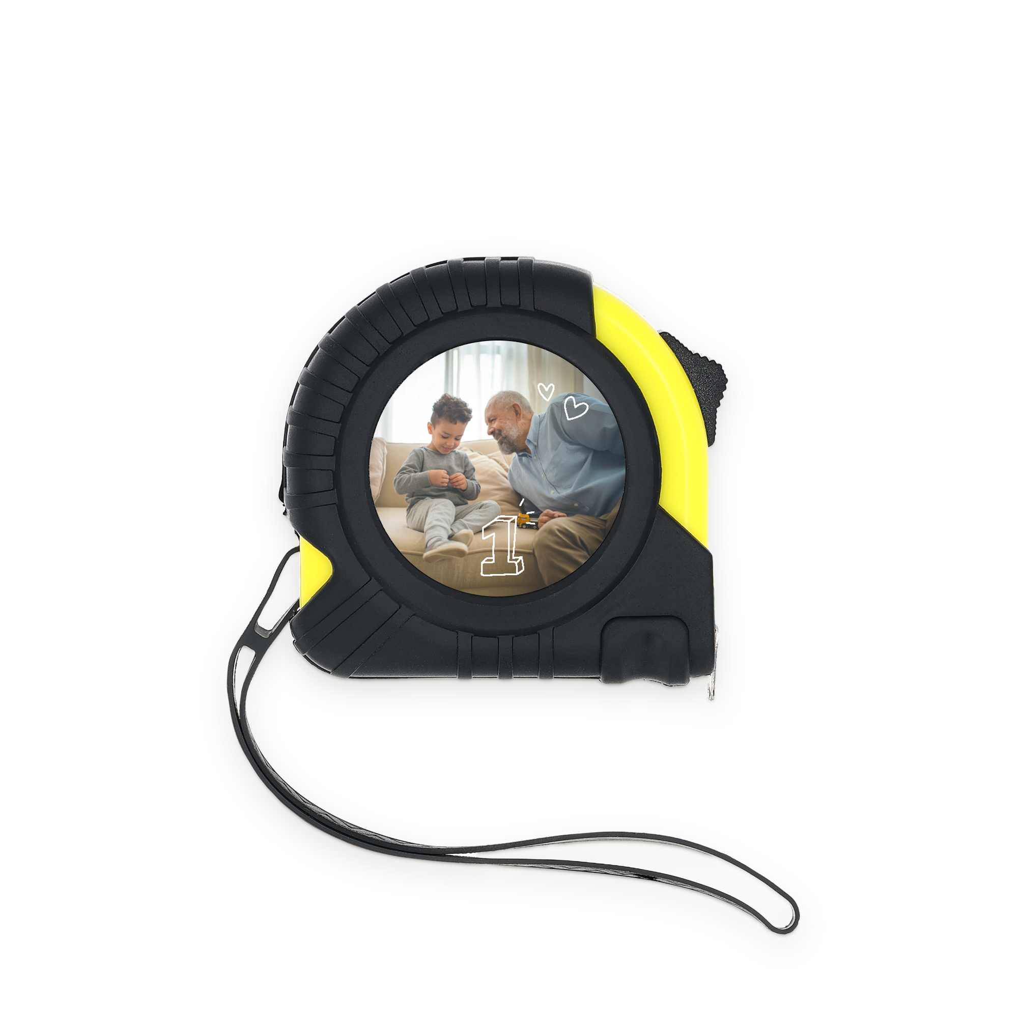 Black and yellow tape measure with a photo of a man and child printed on the front, customized for Measure Twice, Personalise Once