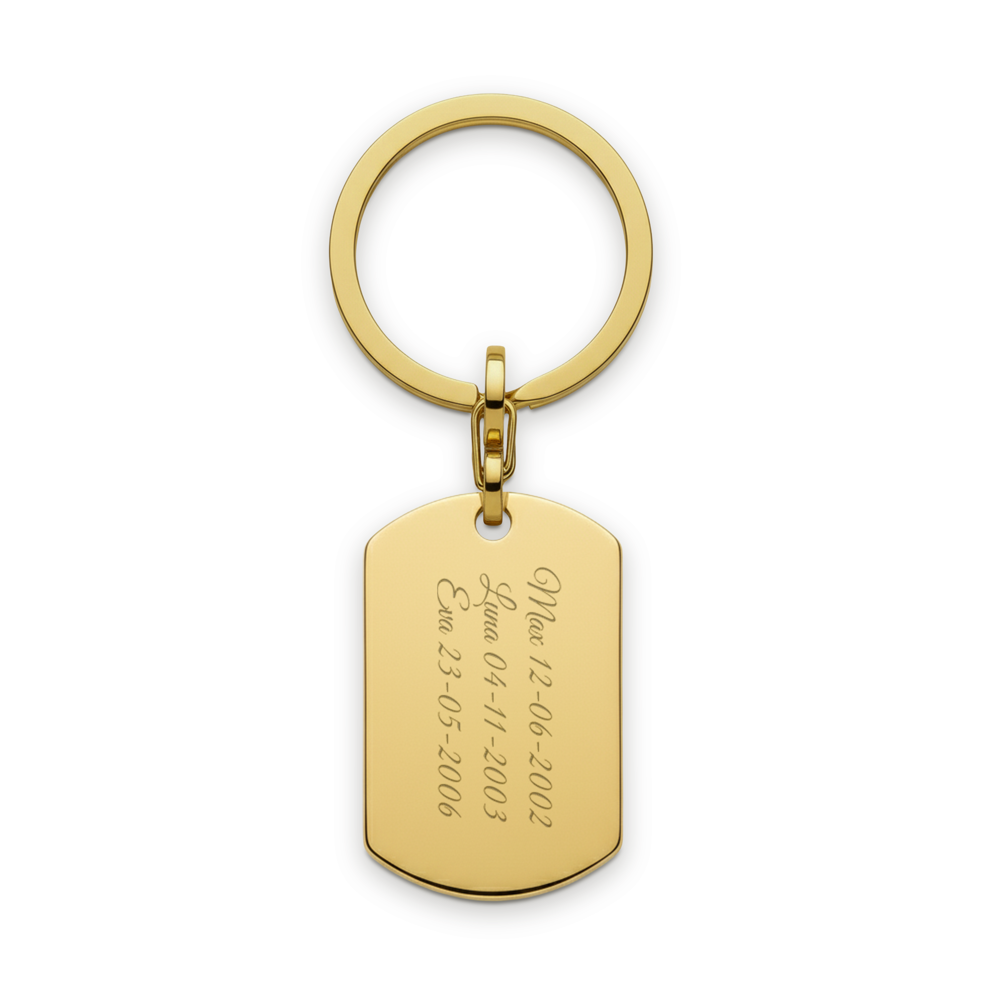 Graverad nyckelring - Hundbricka - Guld med personliga namn och datum, som "Max 12-06-2002", graverade på.