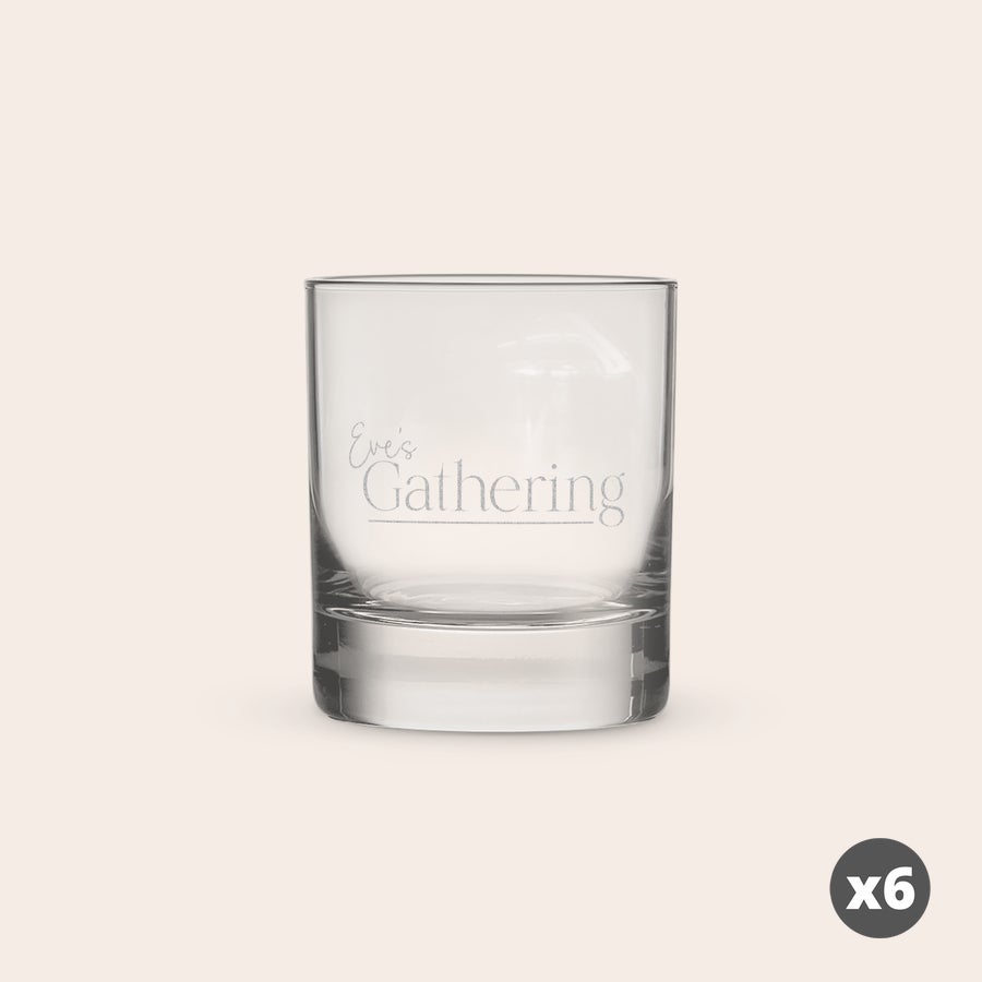 Whisky Glasses A single clear whisky glass engraved with Eve's Gathering text for personalized whisky glasses