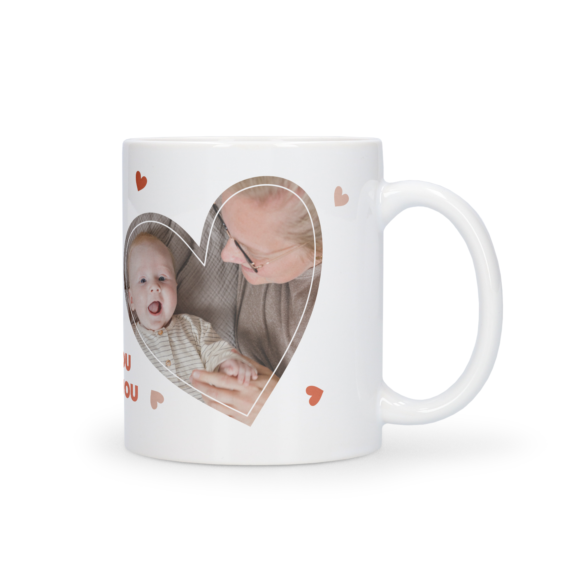 Witte mok bedrukt met foto van baby en moeder in hartvorm, de persoonlijke bedrukte mok voor jouw moeder.