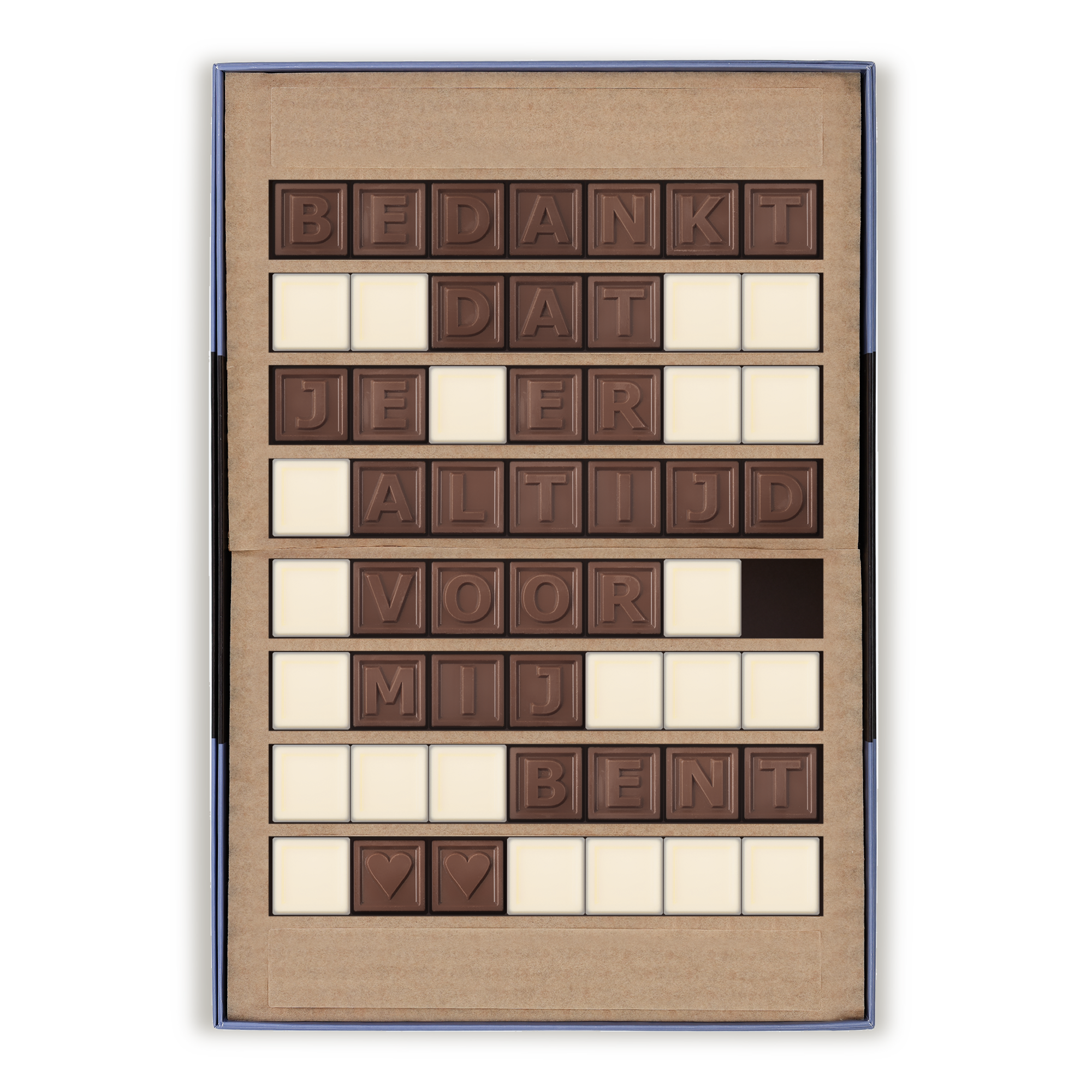 Gepersonaliseerd chocotelegram met de melkchocolade letters "BEDANKT DAT JE ER ALTIJD VOOR MIJ BENT" en hartjes