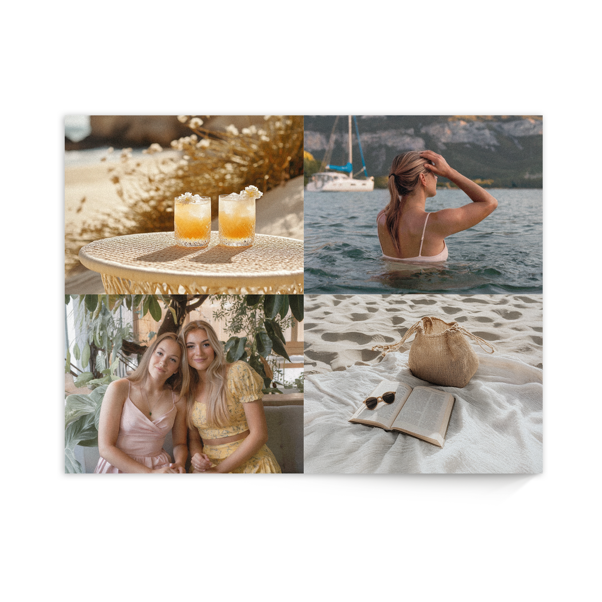 Houten fotocollage bedrukt met 4 gepersonaliseerde foto's van cocktails, een vrouw in het water, twee vriendinnen en een boek op het strand.