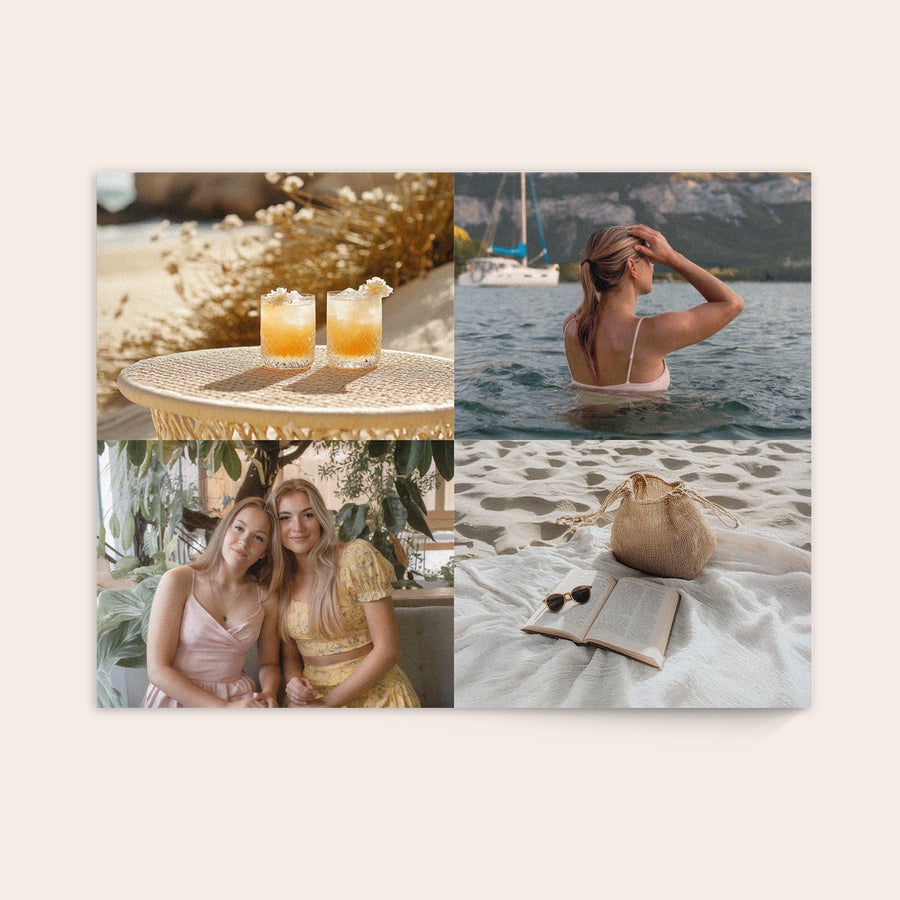 Foto em madeira Com uma foto em madeira, quatro fotos diferentes impressas em painéis de madeira de cor natural com acabamento em cal