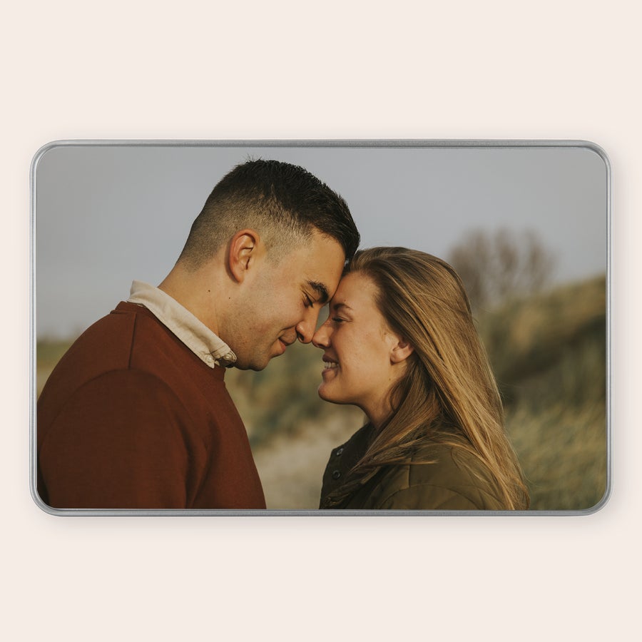 Scatola di latta personalizzata scatola di latta con foto stampata di una coppia sorridente per custodire bei ricordi