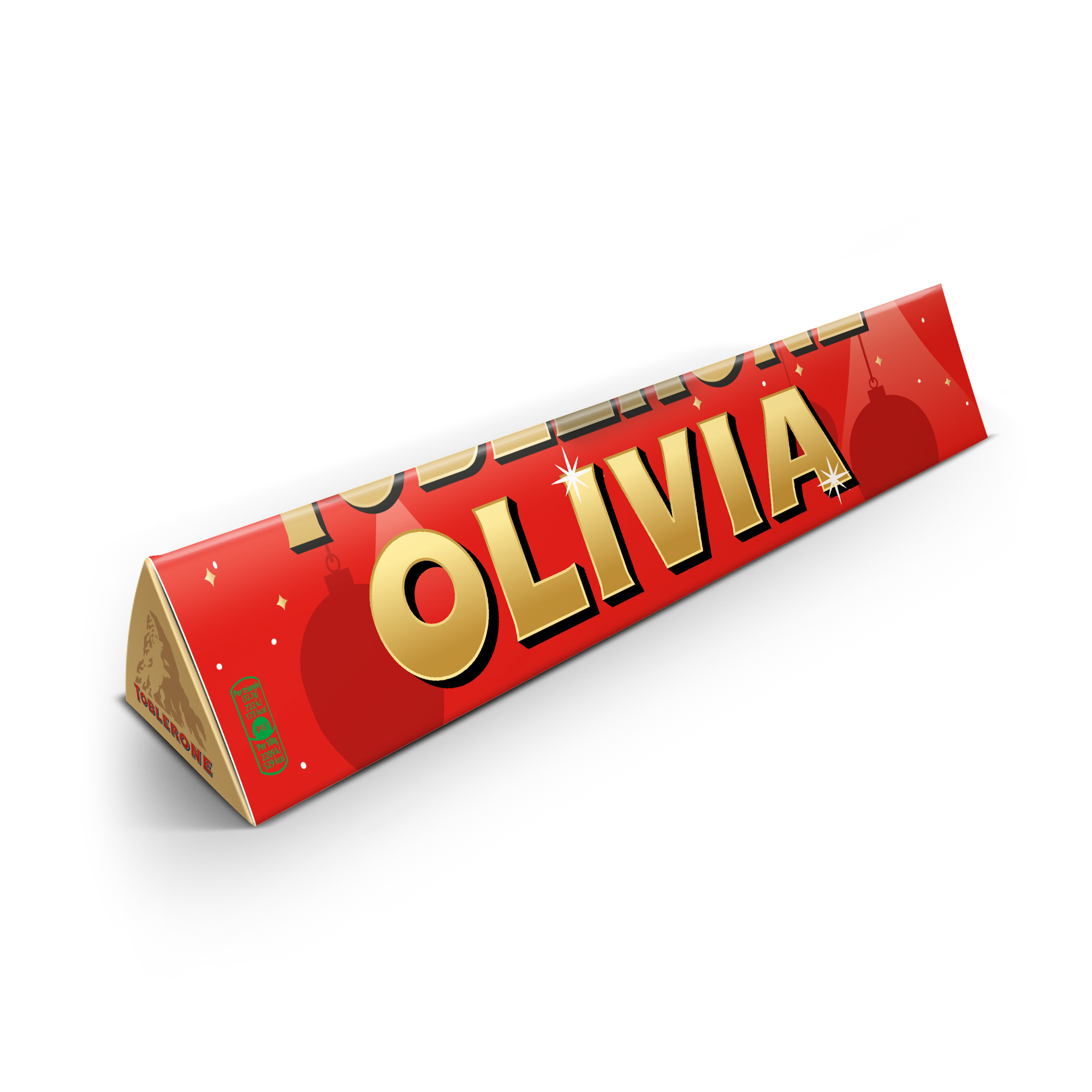 Personalizovaná Toblerone čokoláda s potiskem jména Olivia a vánočním motivem. Popřeje svým blízkým šťastné a veselé Vánoce s Toblerone čokoládou!