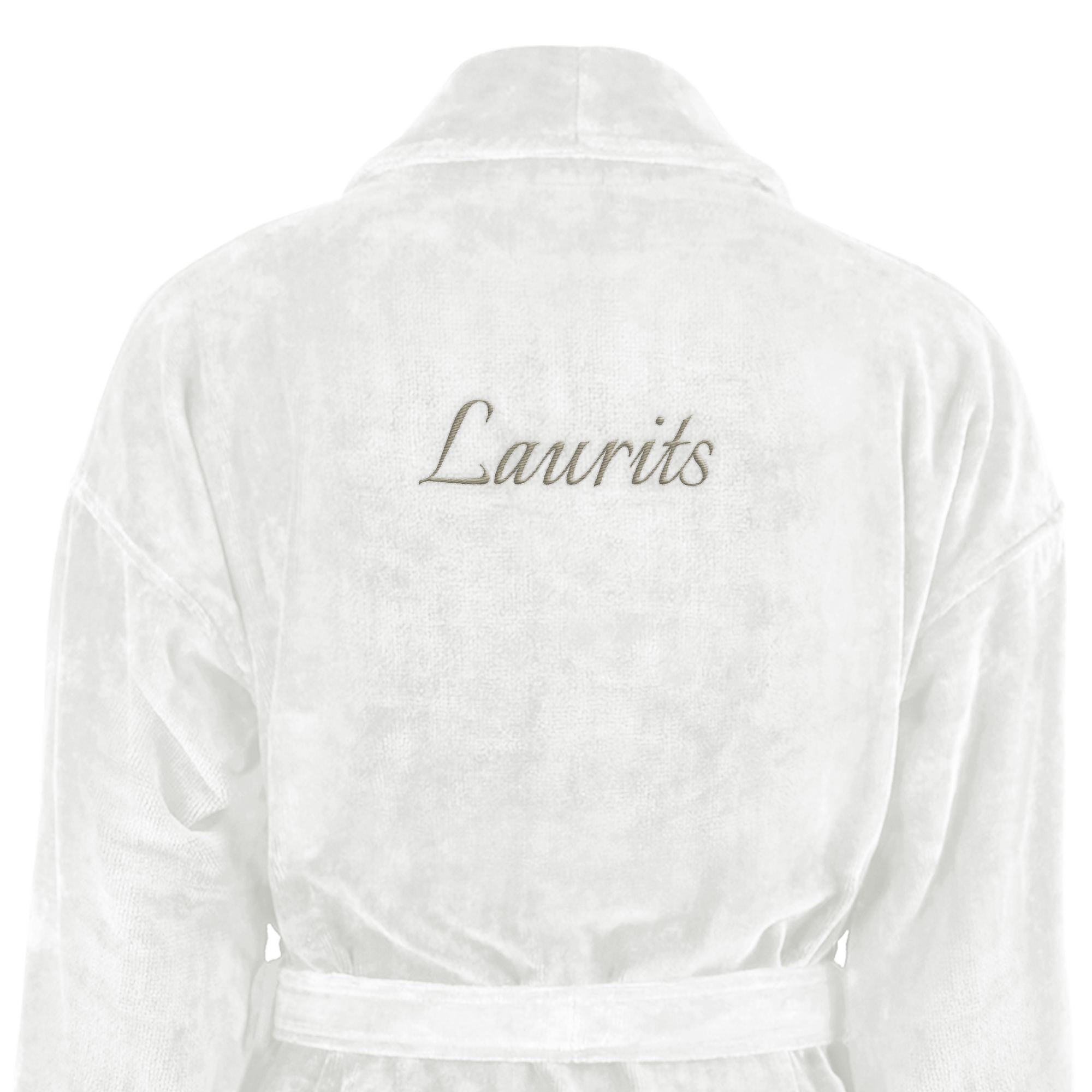 Luksus badekåbe til mænd, hvid, broderet med navnet Laurits.