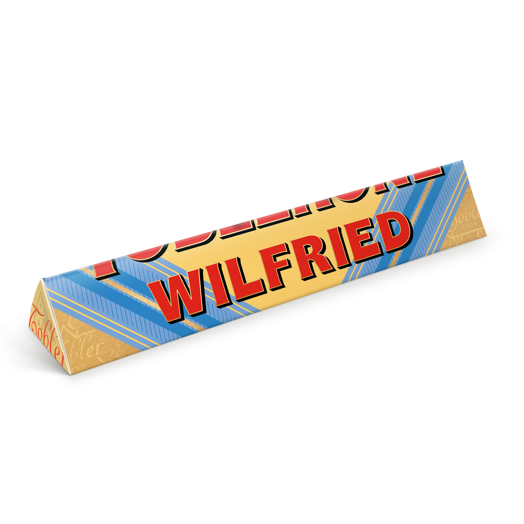 Personalisierte Toblerone Schokolade mit dem Namen Wilfried auf der Verpackung bedruckt, ideal für Vatertag.