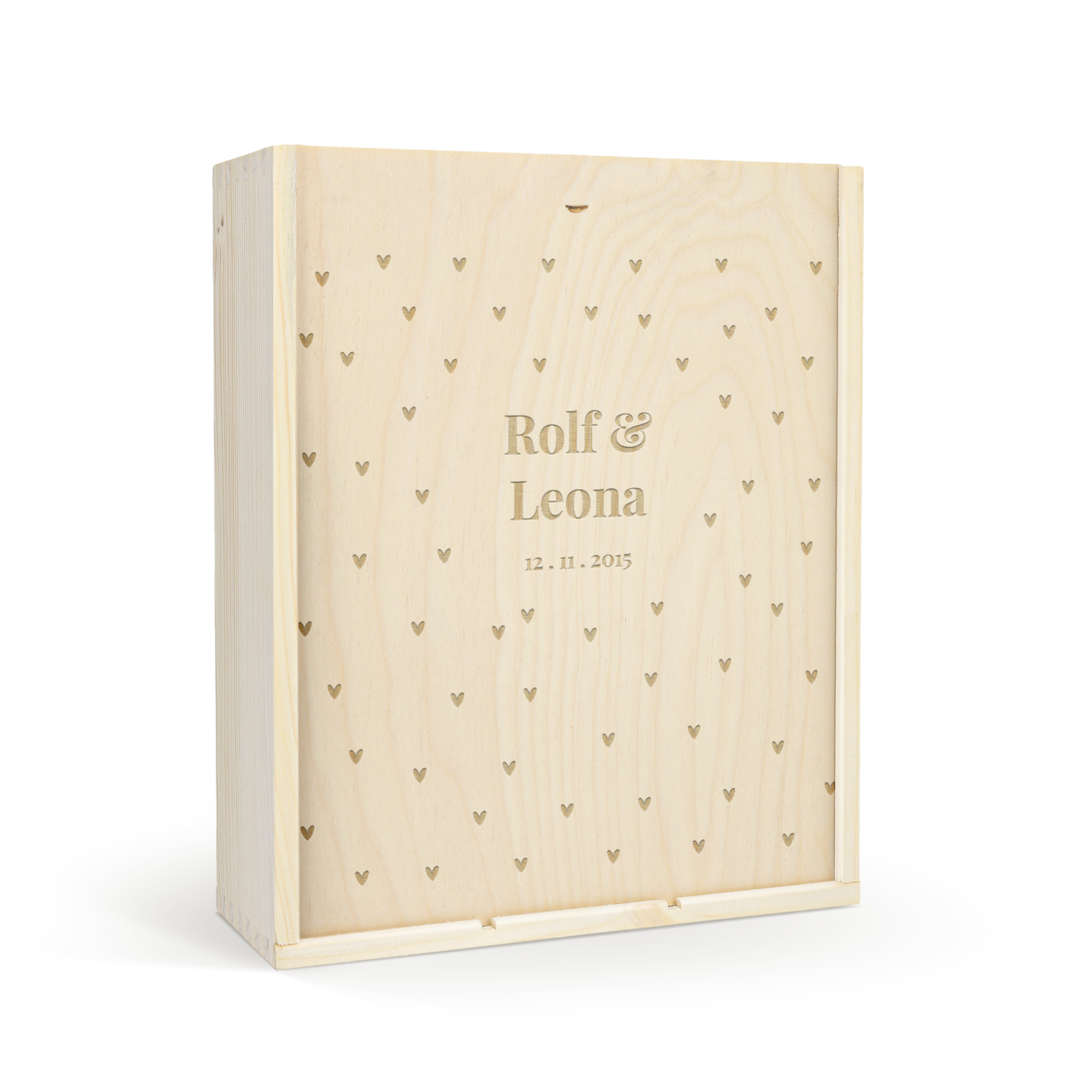 Luksuriøs champagnepakke med trææske, indgraveret med navnene Rolf & Leona og datoen 12.11.2015