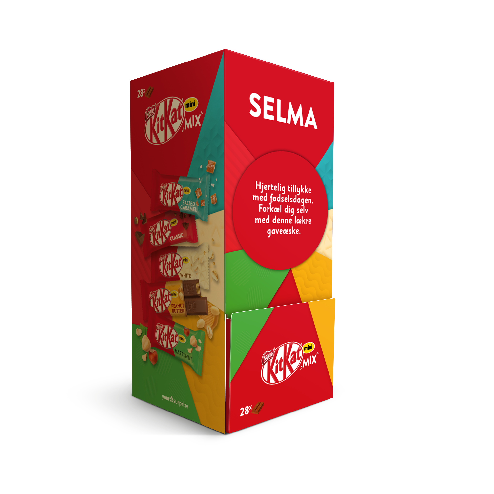 KitKat chokolade gaveæske med 28 minibarer, personliggjort med navnet SELMA og en fødselsdagshilsen