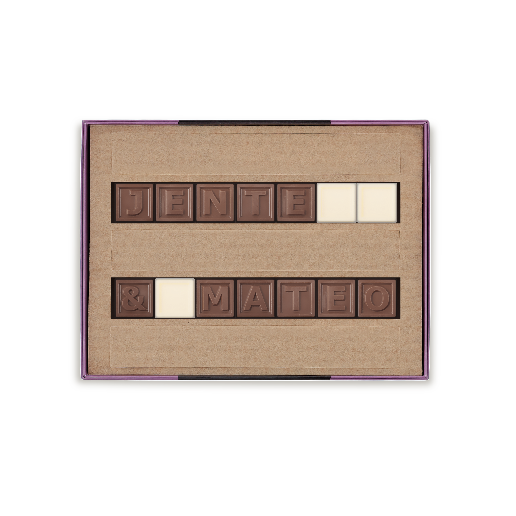 Chocotelegram met de namen JENTE & MATEO in melk- en witte chocolade, verpakt in een cadeauverpakking.
