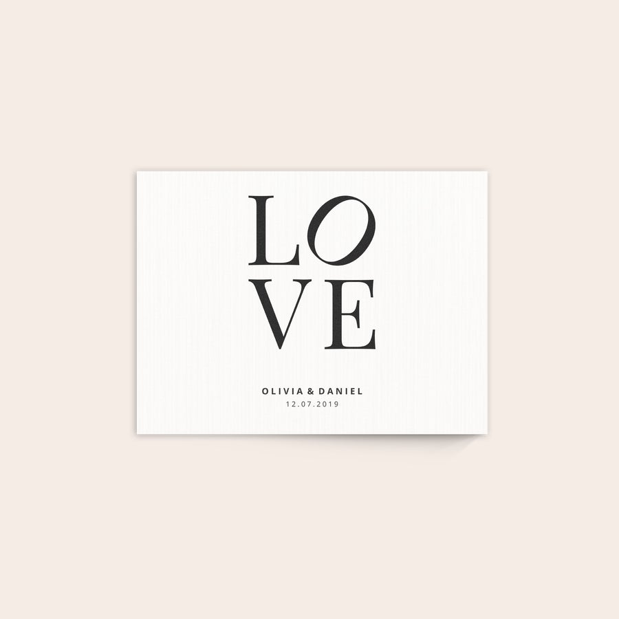 Photo on wood Rectangular wooden photo panel with "LOVE" in bold, "OLIVIA & DANIEL" and "12.07.2019" printed below