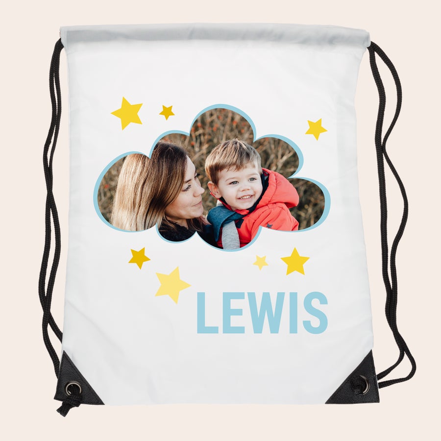 Sacca da Palestra personalizzata Sacca da palestra personalizzata bianca con foto stampata di madre e figlio e nome Lewis