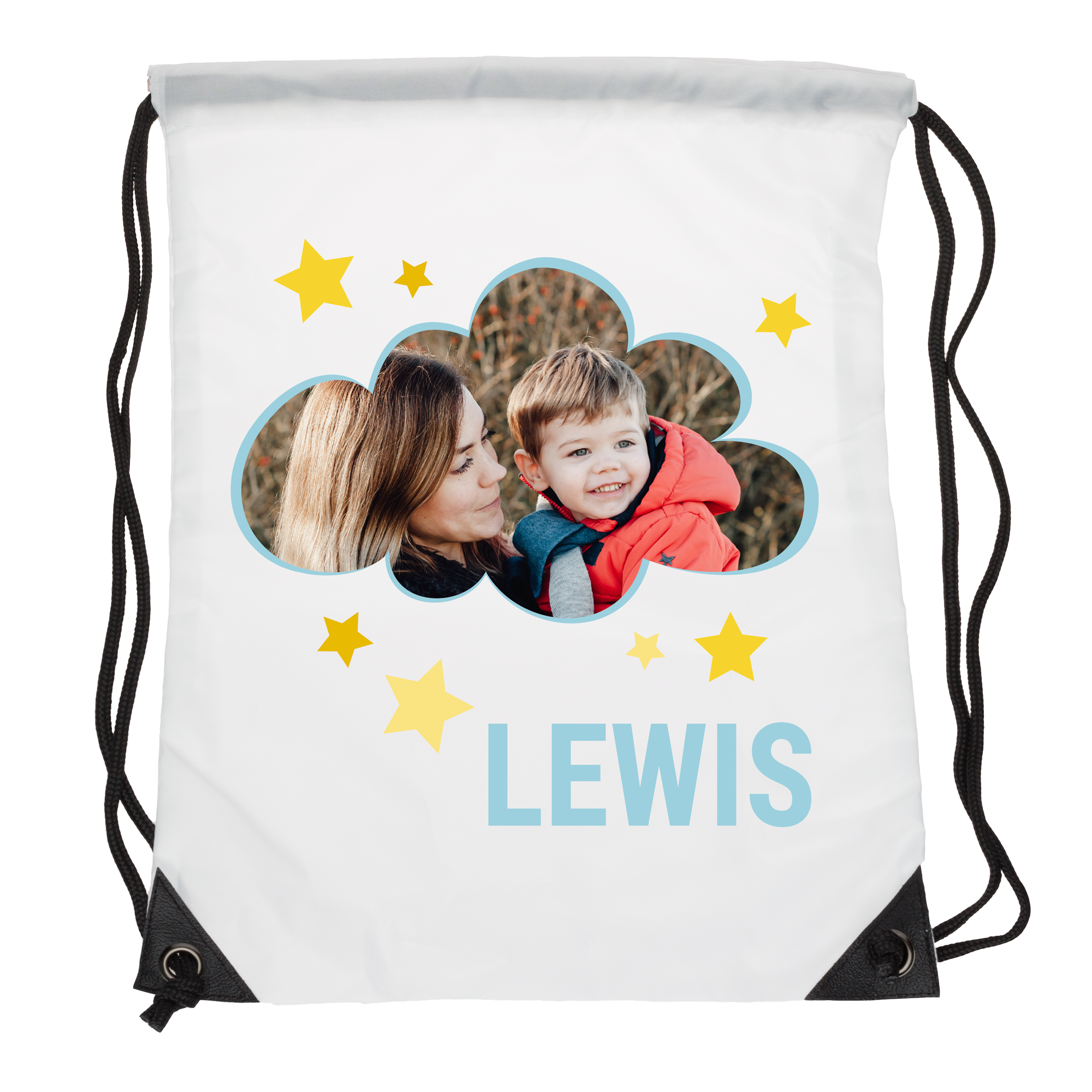 Saco desportivo original branco estampado com foto de mãe e filho e nome Lewis, personalizável com foto e texto.