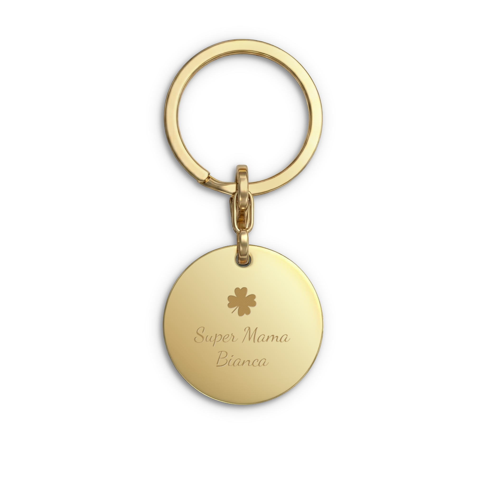 Schlüsselanhänger mit Gravur - Rund - Gold, personalisiert mit "Super Mama Bianca" und Kleeblatt-Symbol.