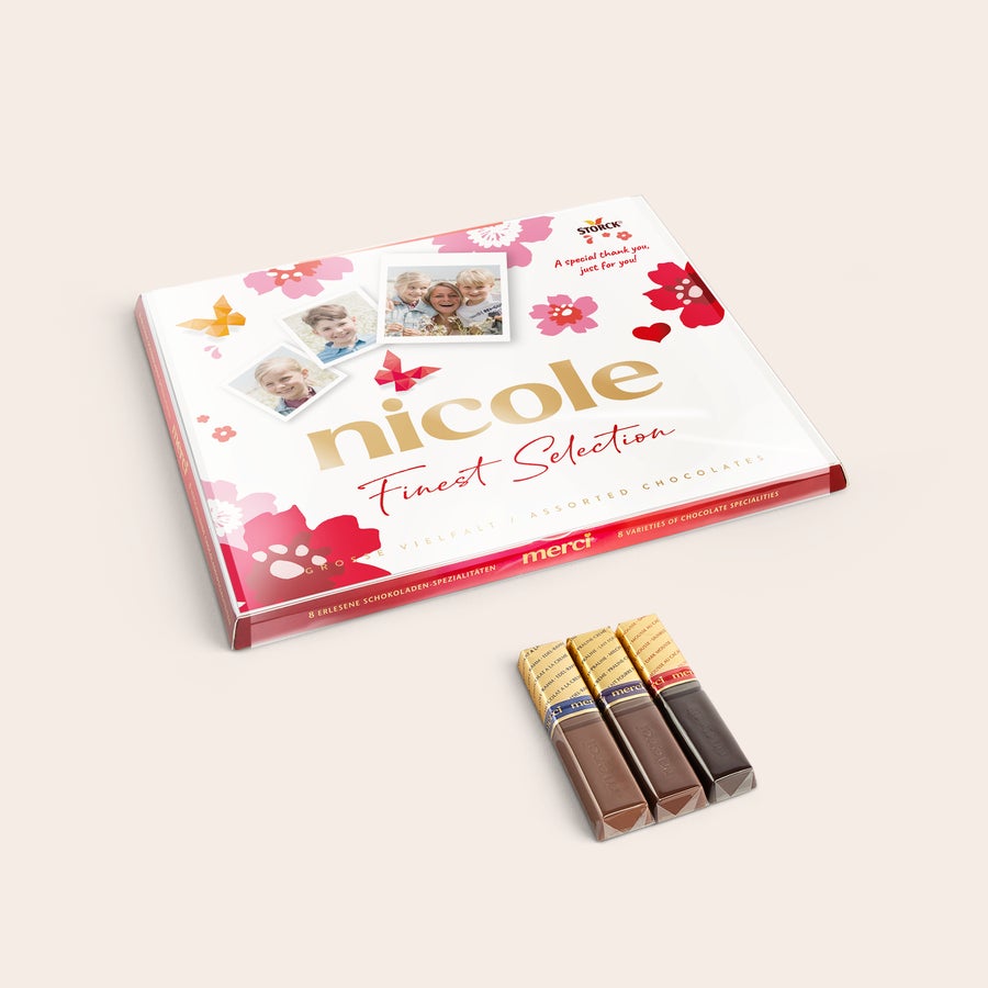 Merci čokolada s kartico Čokolada Merci s personalizirano kartico – 250 gramov s fotografijami in imenom Nicole, potiskano darilo.