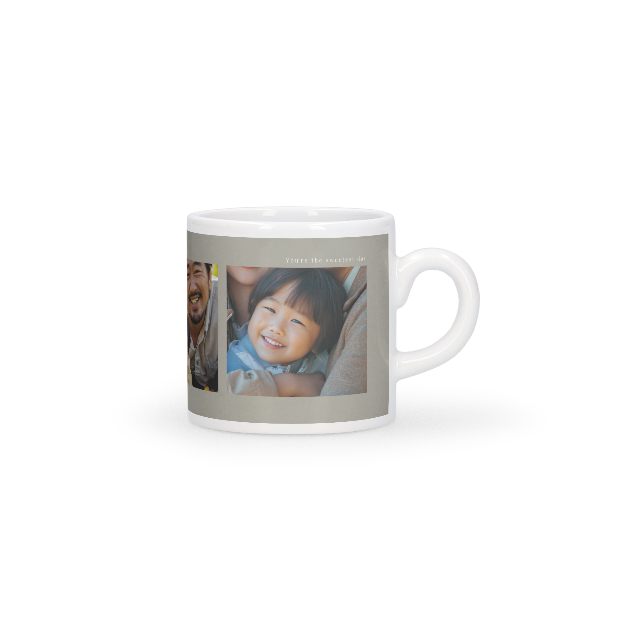 Personalizirana skodelica za espresso s potiskano fotografijo očeta in hčerke ter napisom You're the sweetest dad