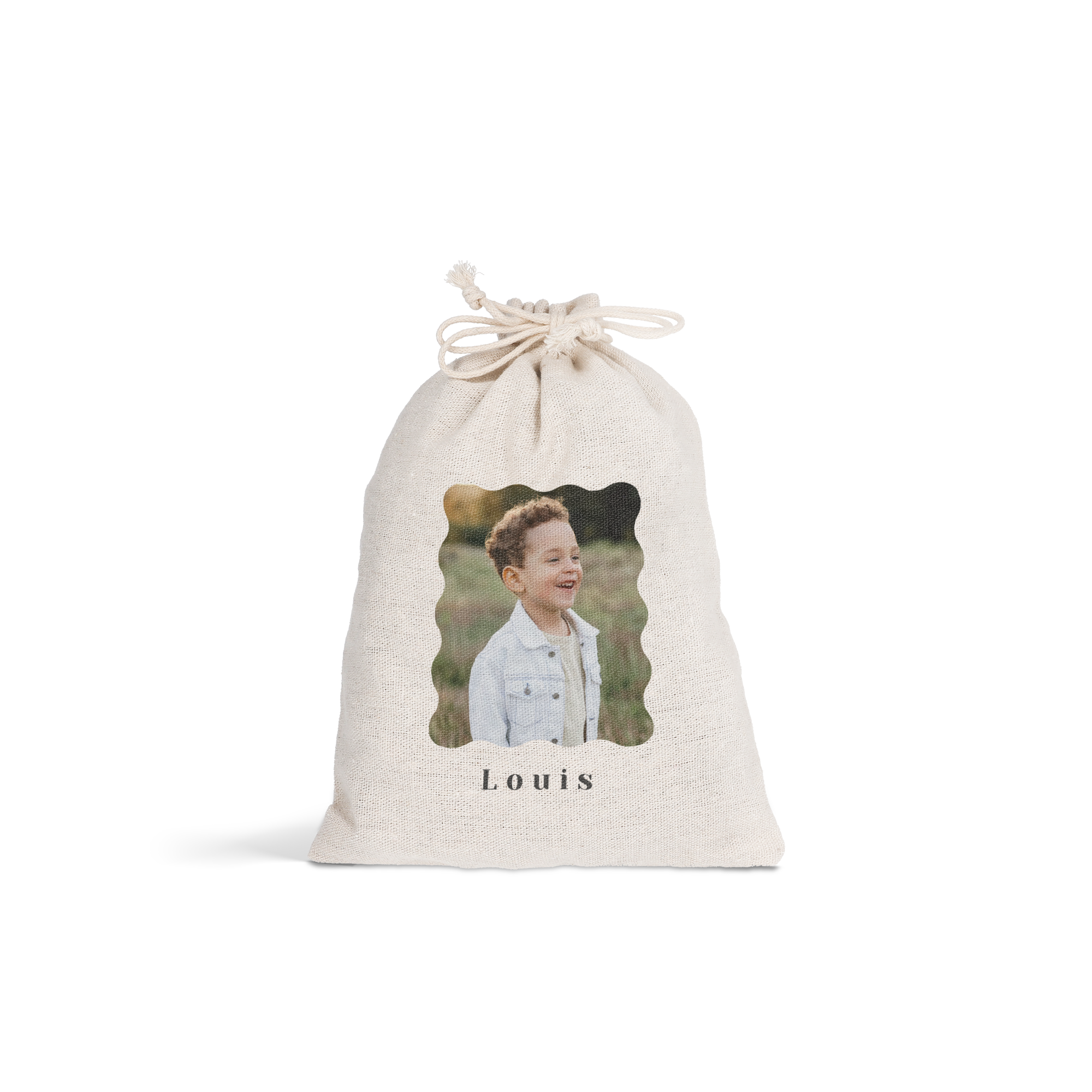 Sac à cordon personnalisé pour Pâques, imprimé avec une photo d'enfant souriant et le prénom Louis
