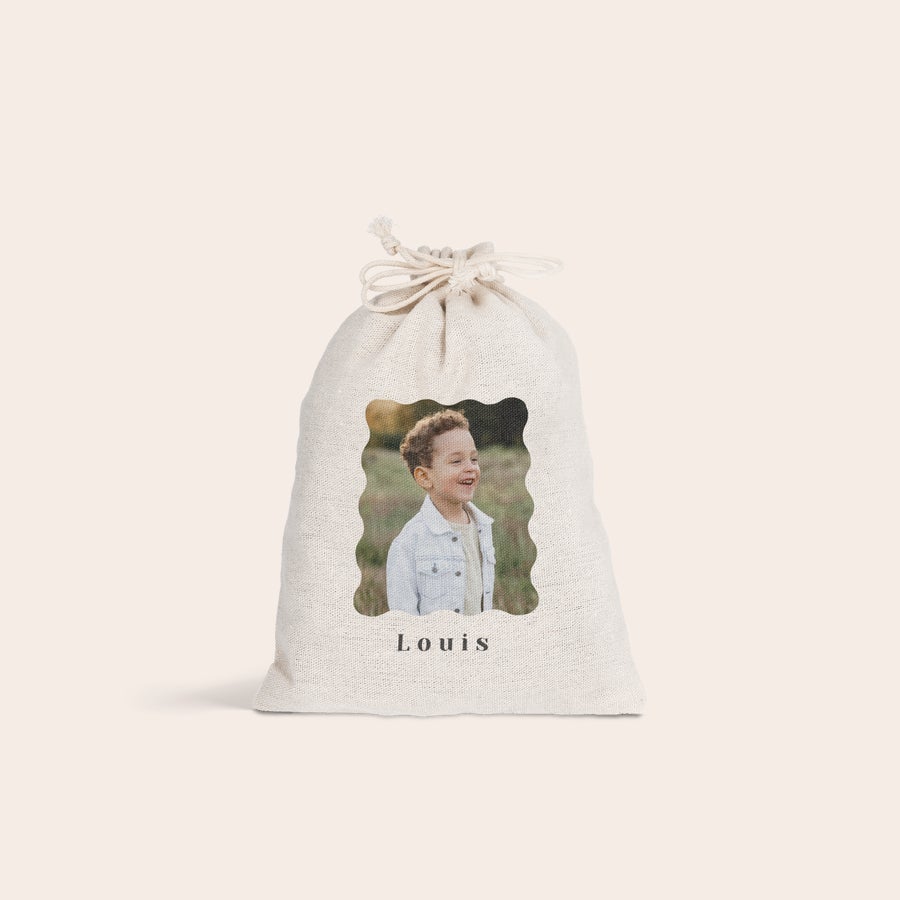 Sac cadeau à cordon - Pâques Sac à cordon personnalisé pour Pâques, imprimé avec une photo d'enfant souriant et le prénom Louis