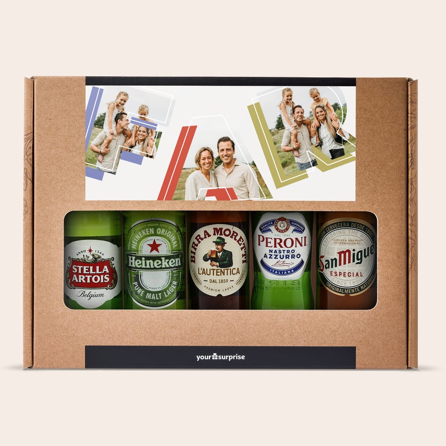 Øl gaveæske med eget billede Personlig ølpakke med fem specialøl, trykt med et familiefoto for fødselsdag og navn