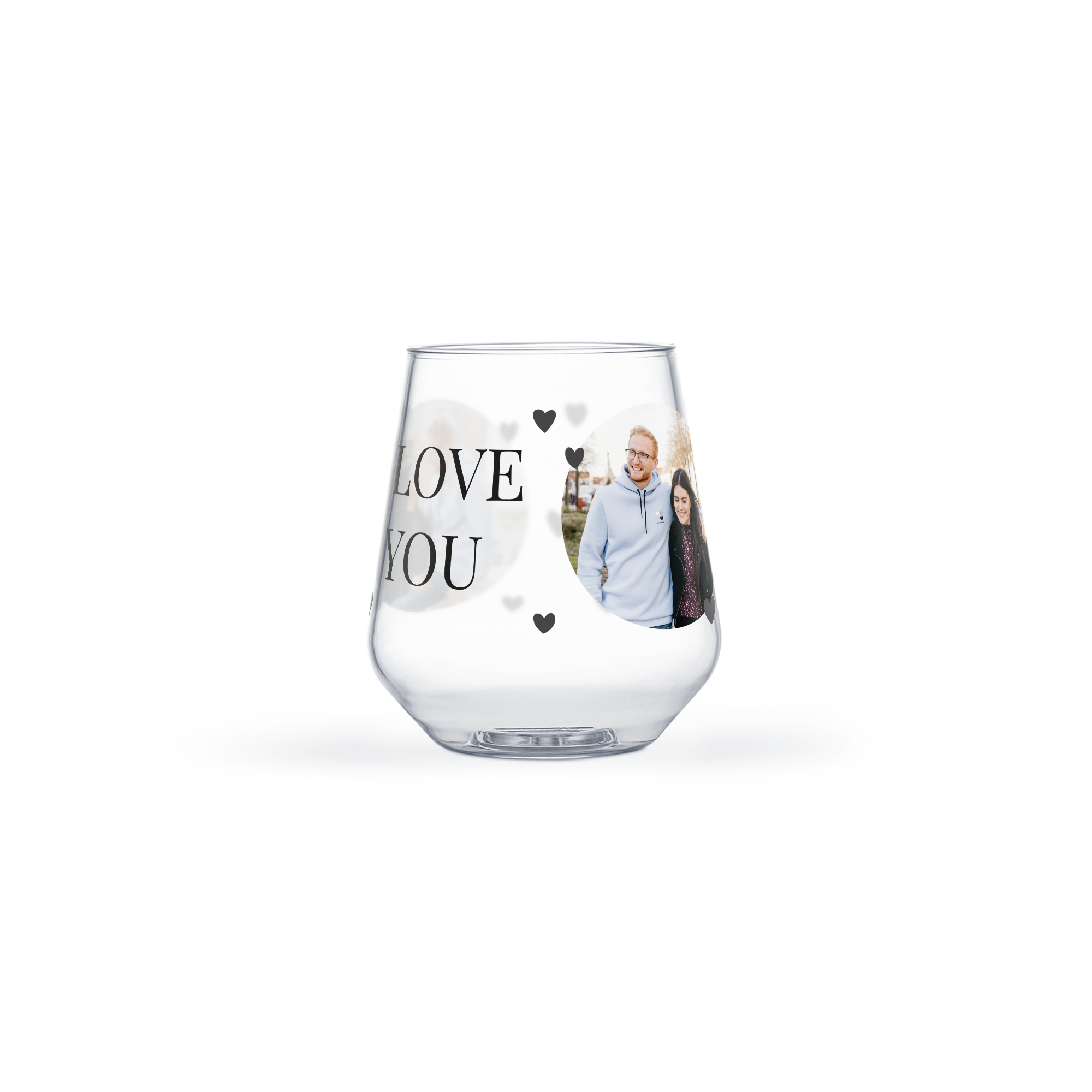 Personalized printed water glass with a photo of a couple and I love you text for a stylish picnic