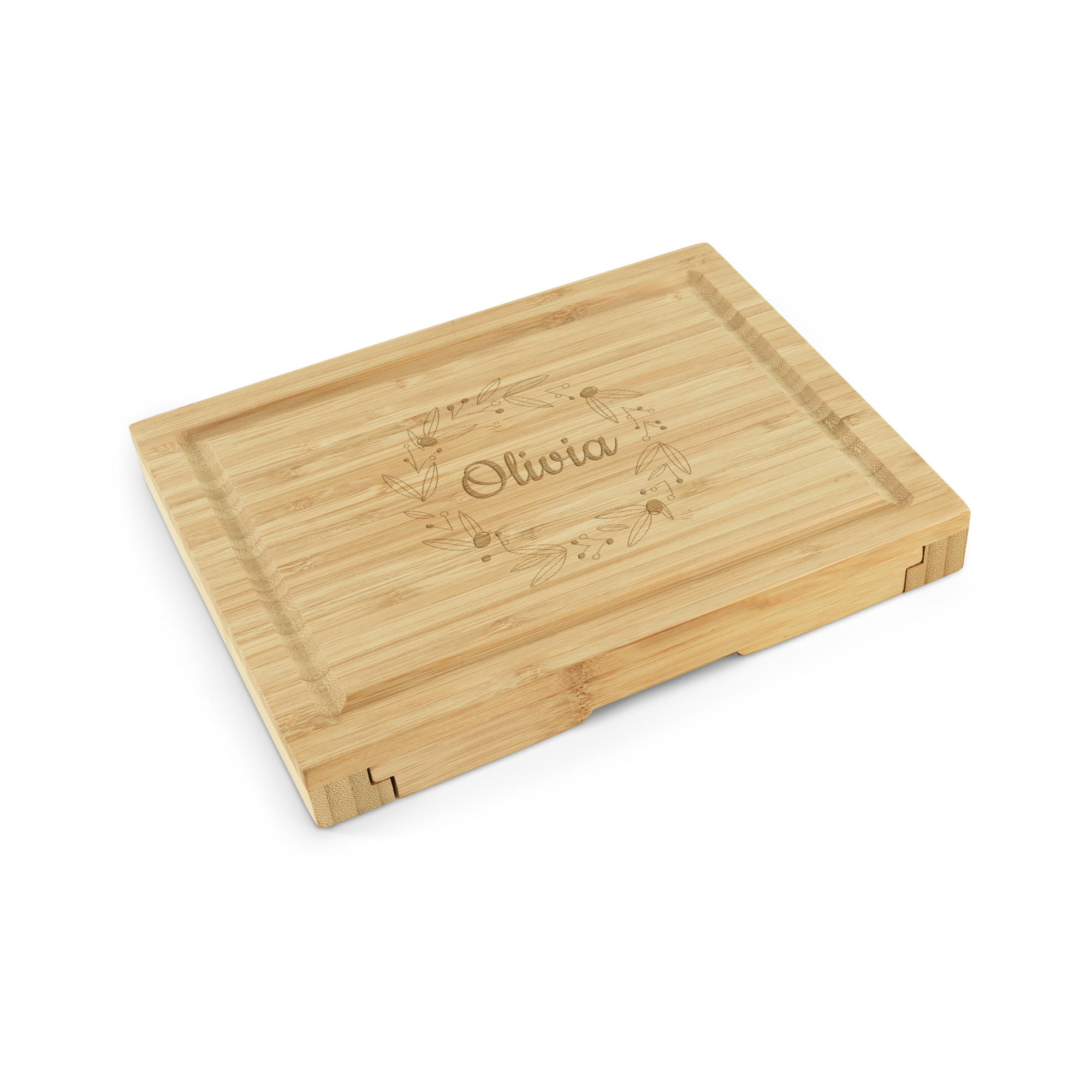 Personalised bamboo cheese board gift set engraved with the name "Olivia" and a leaf wreath design.