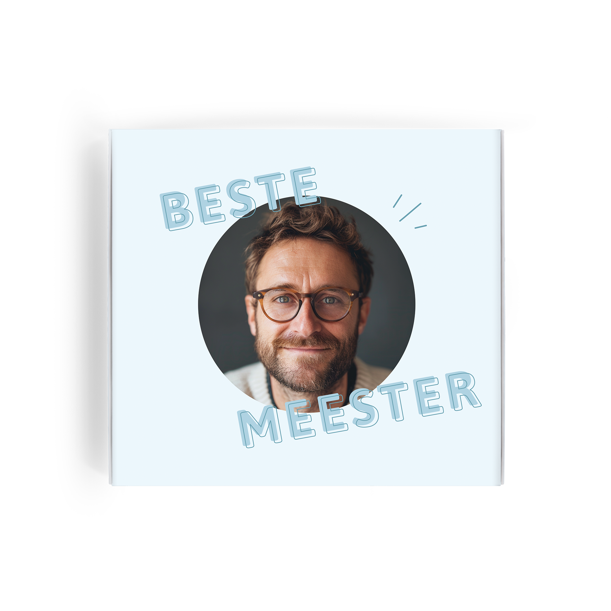 Milka giftbox met foto van man, bedrukt met tekst Beste Meester om een meester te bedanken.