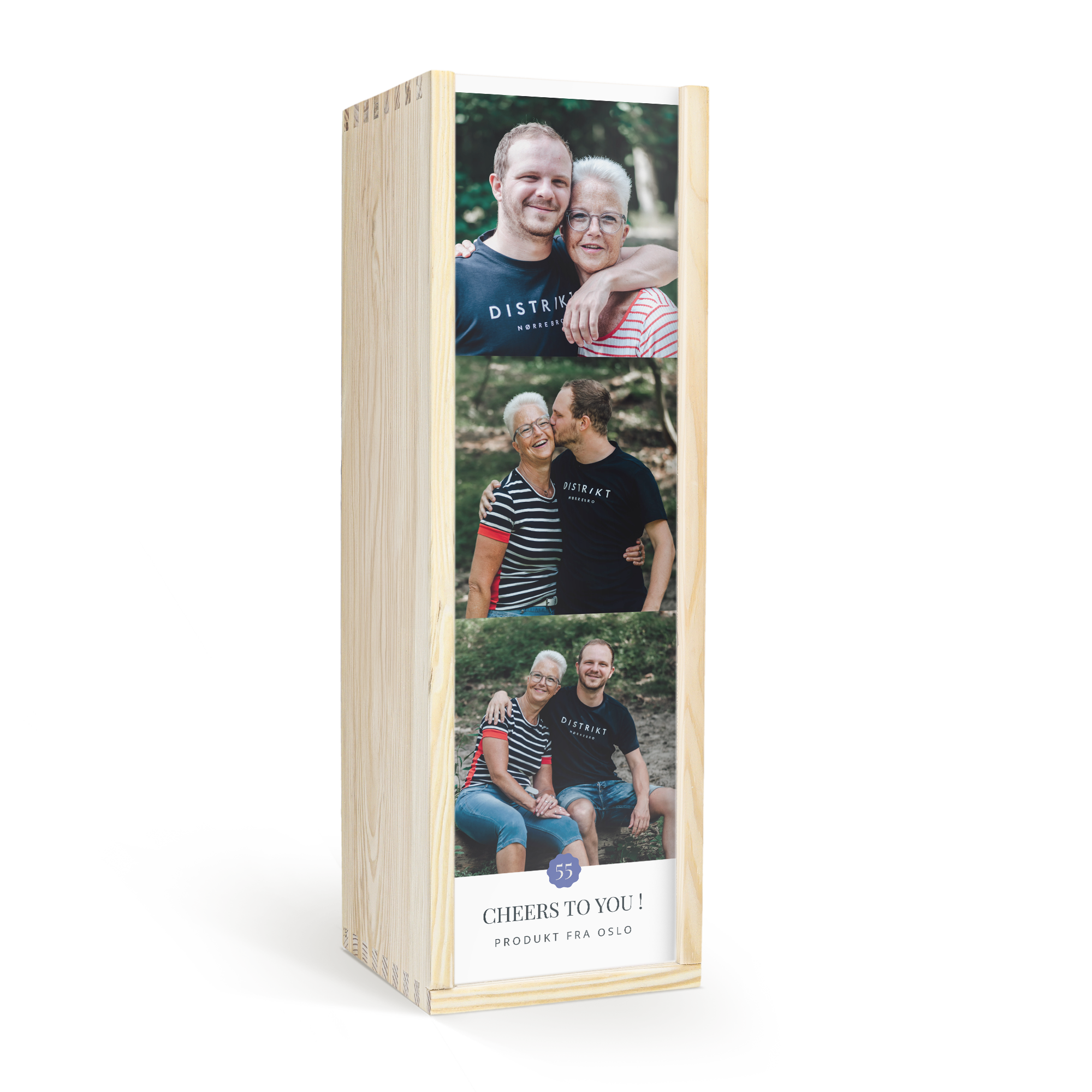 En magnum vinkiste i tre, trykt med personlige bilder av en mor og sønn, og teksten "Cheers to you!".